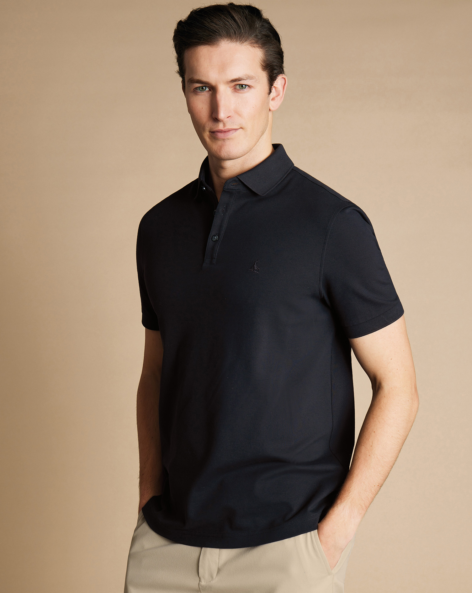 Men's Charles Tyrwhitt Pique Polo Shirt - Black Size Large Cotton
