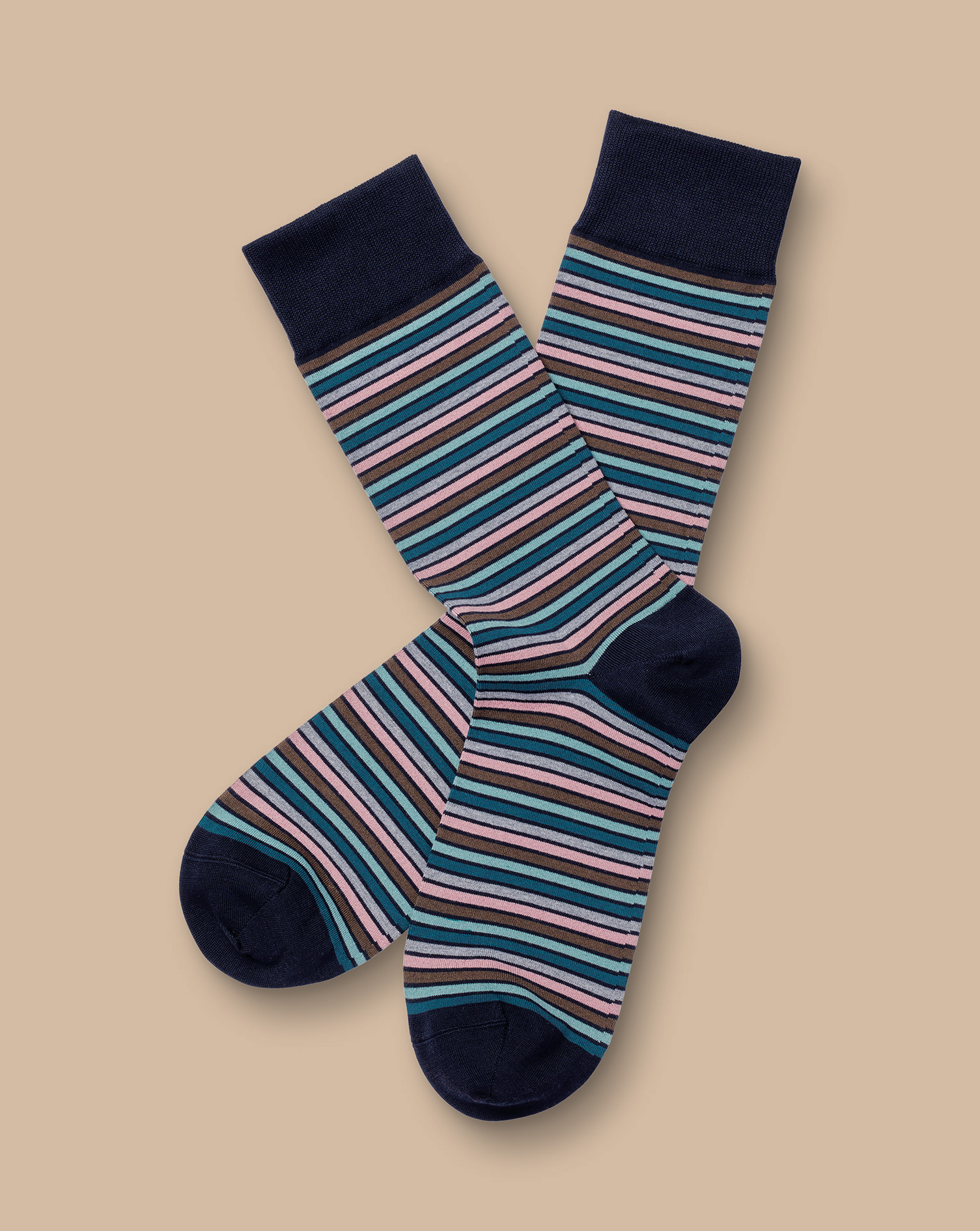 Men's Charles Tyrwhitt Stripe Socks - Teal Green Size 10.5-13 Cotton
