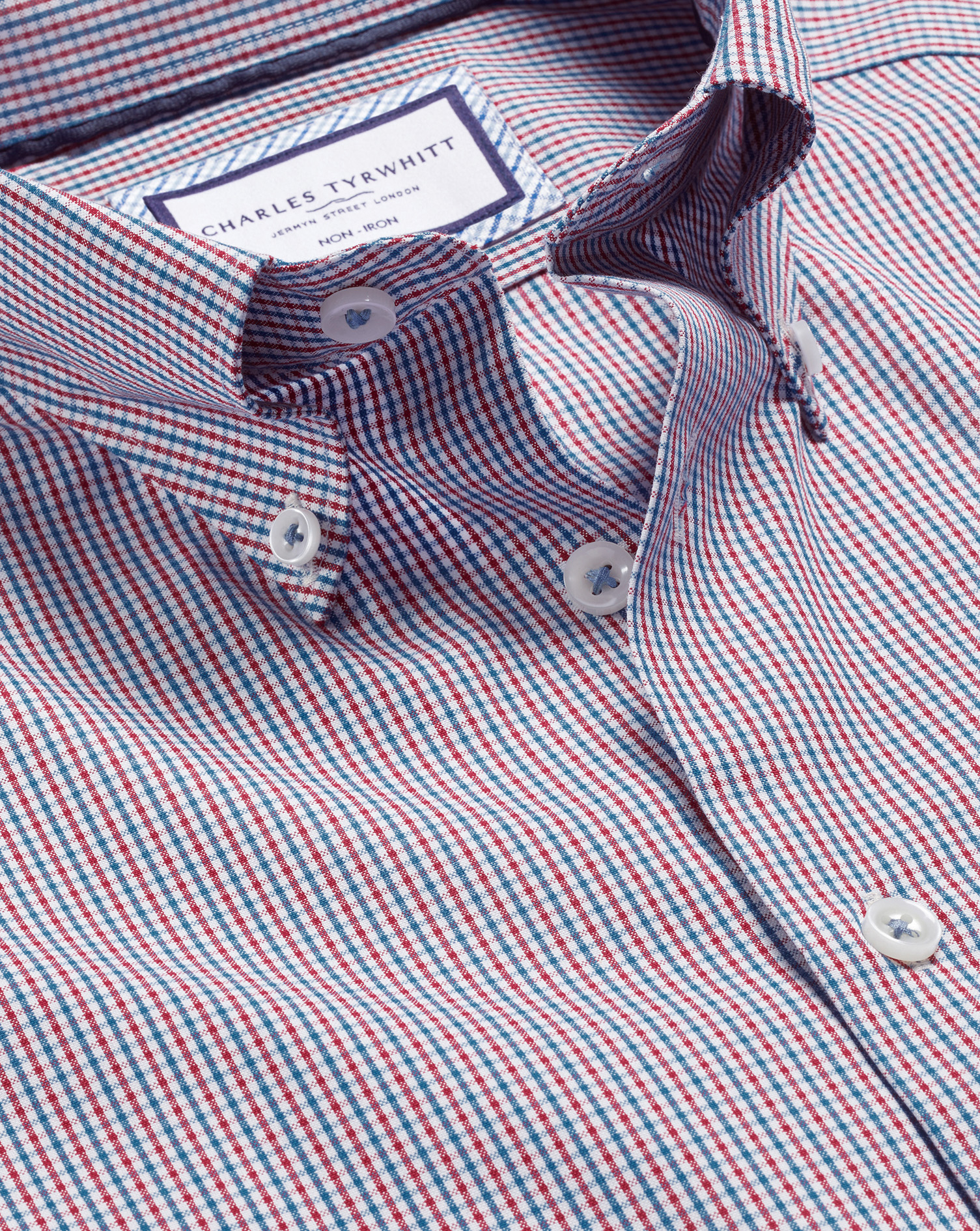 Men's Charles Tyrwhitt Button-Down Collar Non-Iron Gingham Check Dress Shirt - Red Single Cuff Size 