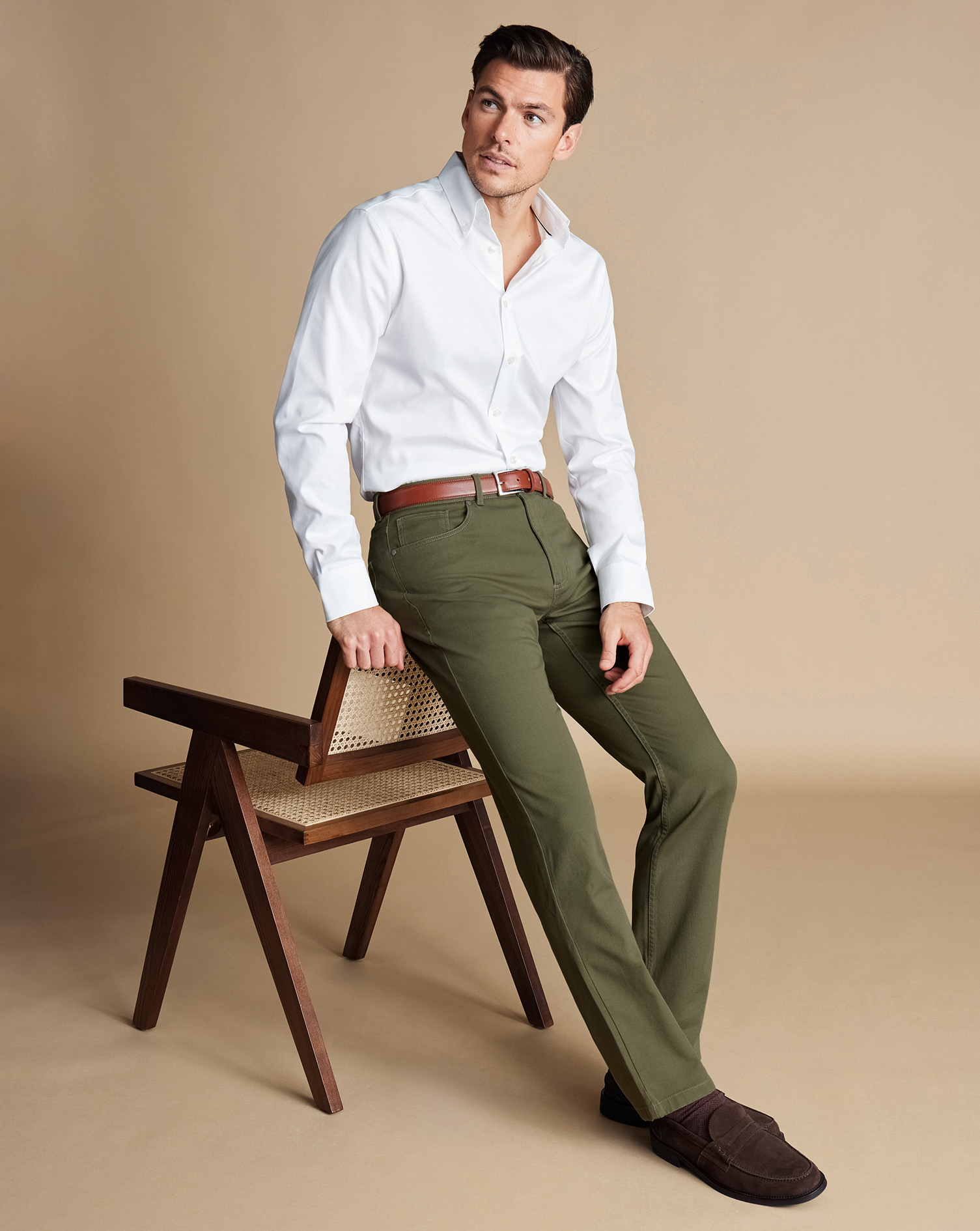 Men's Charles Tyrwhitt Twill 5 Pocket Jeans - Olive Green Size W30 L30 Cotton
