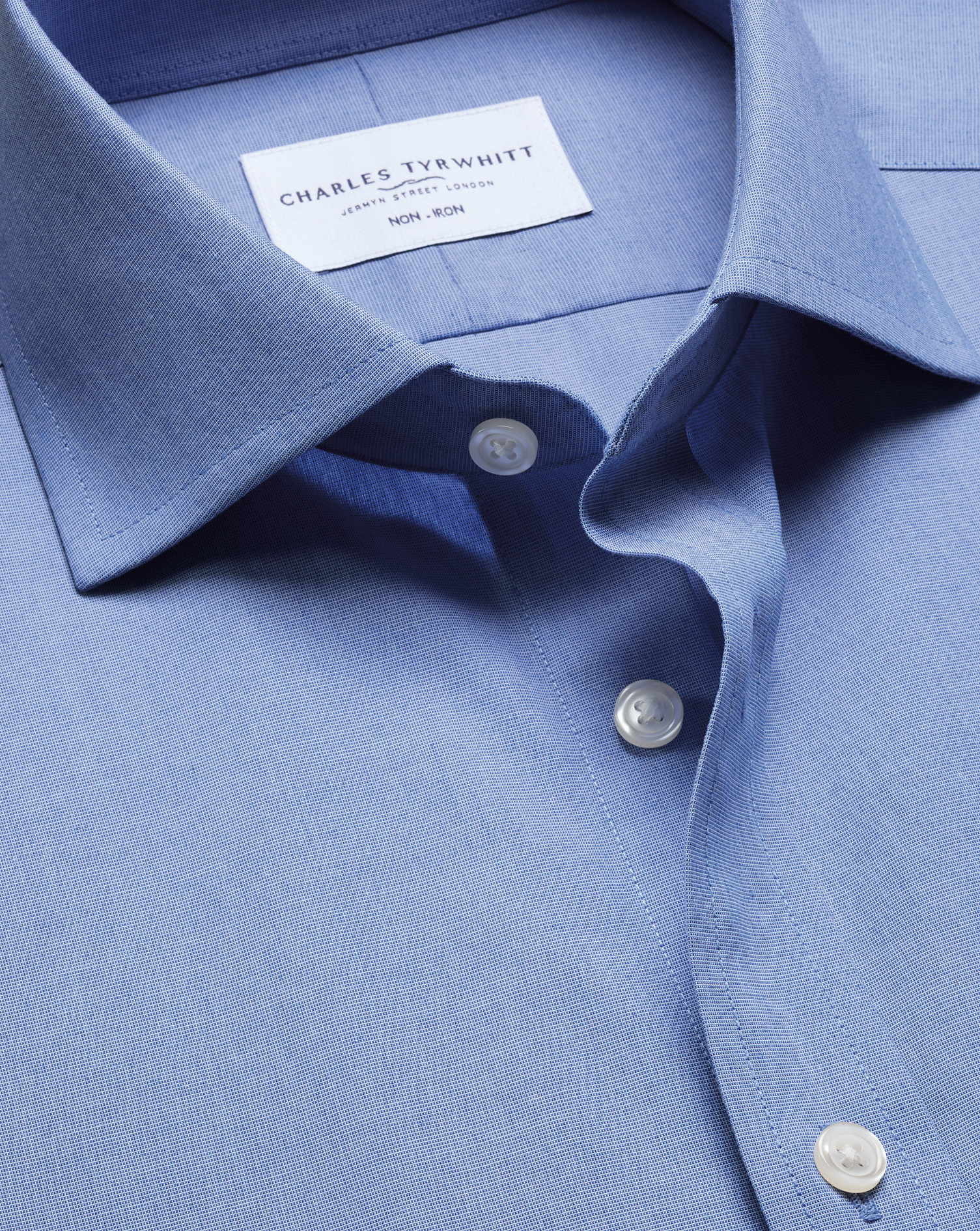 Men's Charles Tyrwhitt Non-Iron Stretch Poplin Shirt â Mid Blue Single Cuff Size 17.5/38 Cotton