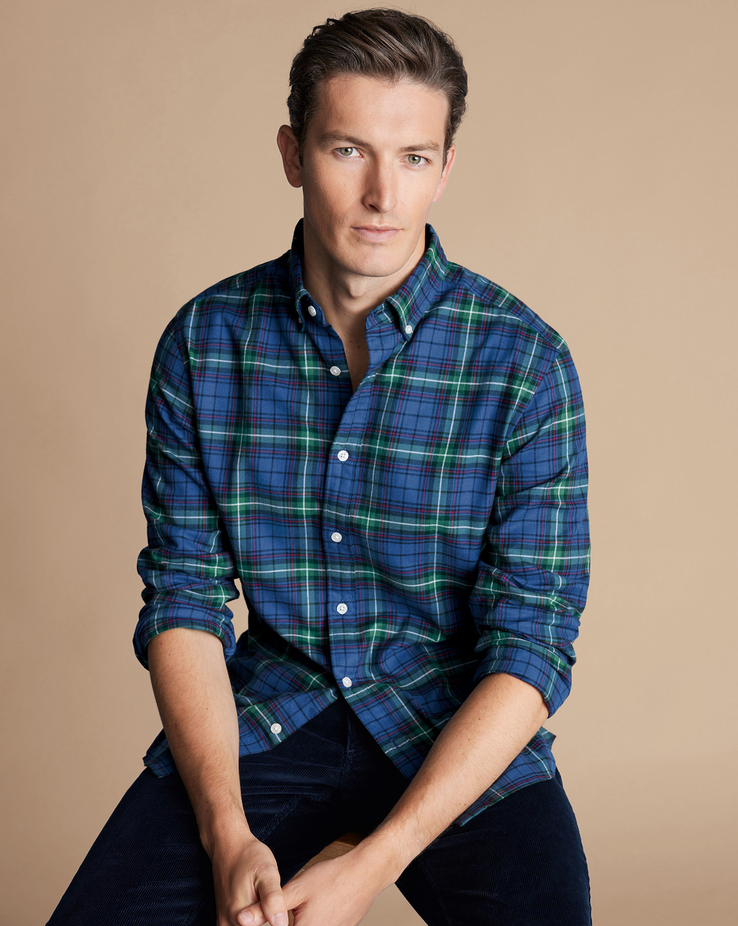 Men's Charles Tyrwhitt Brushed Flannel Multi Check Casual Shirt - Green Size Medium Cotton
