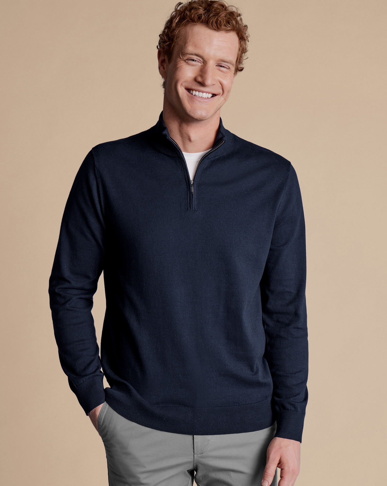 Men's Charles Tyrwhitt Combed Zip Neck Sweater - Dark Navy Blue Size Large Cotton
