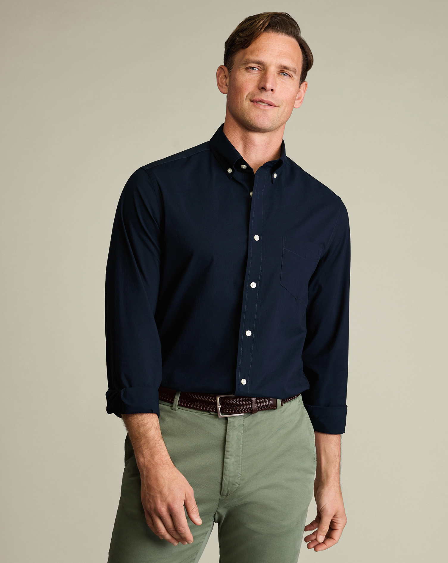 Men's Charles Tyrwhitt Button-Down Stretch Washed Poplin Shirt â Dark Blue Size Large Cotton
