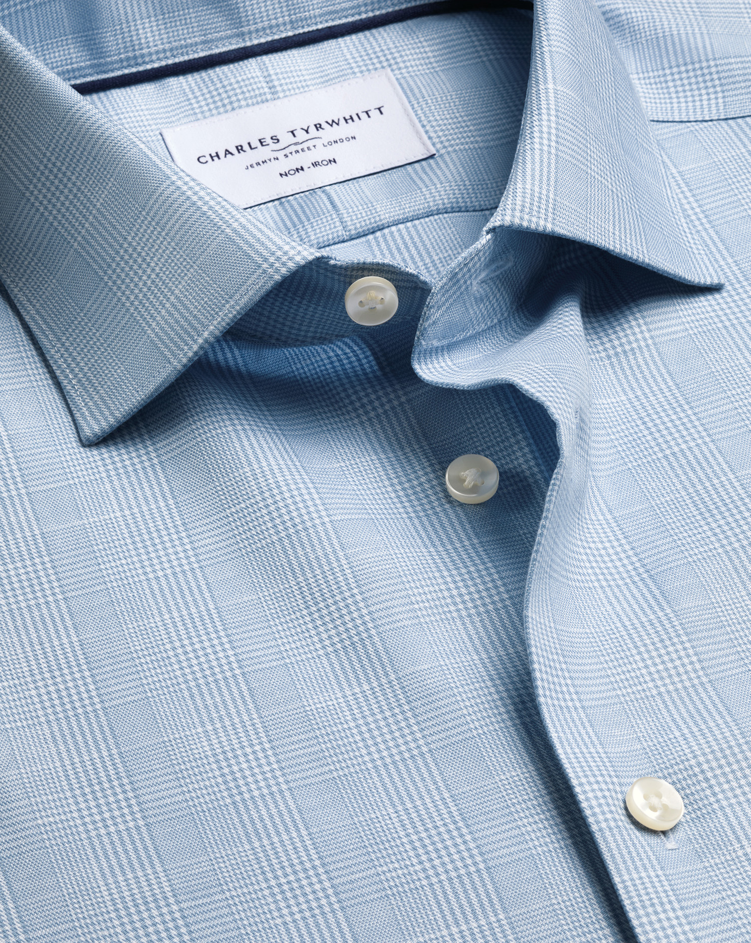 Men's Non-Iron Cotton Linen Prince Of Wales Shirt - Mid Blue Single Cuff, 15.5/35 by Charles Tyrwhitt
