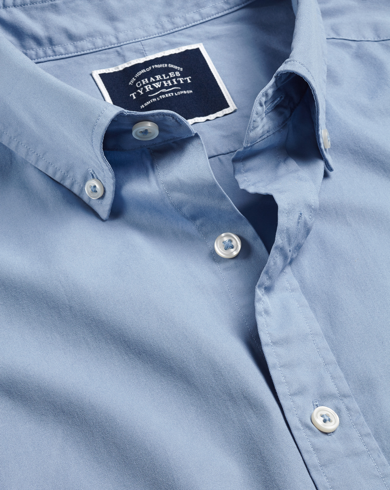 Men's Charles Tyrwhitt Button-Down Collar Washed Fine Twill Casual Shirt - Sky Blue Single Cuff Size
