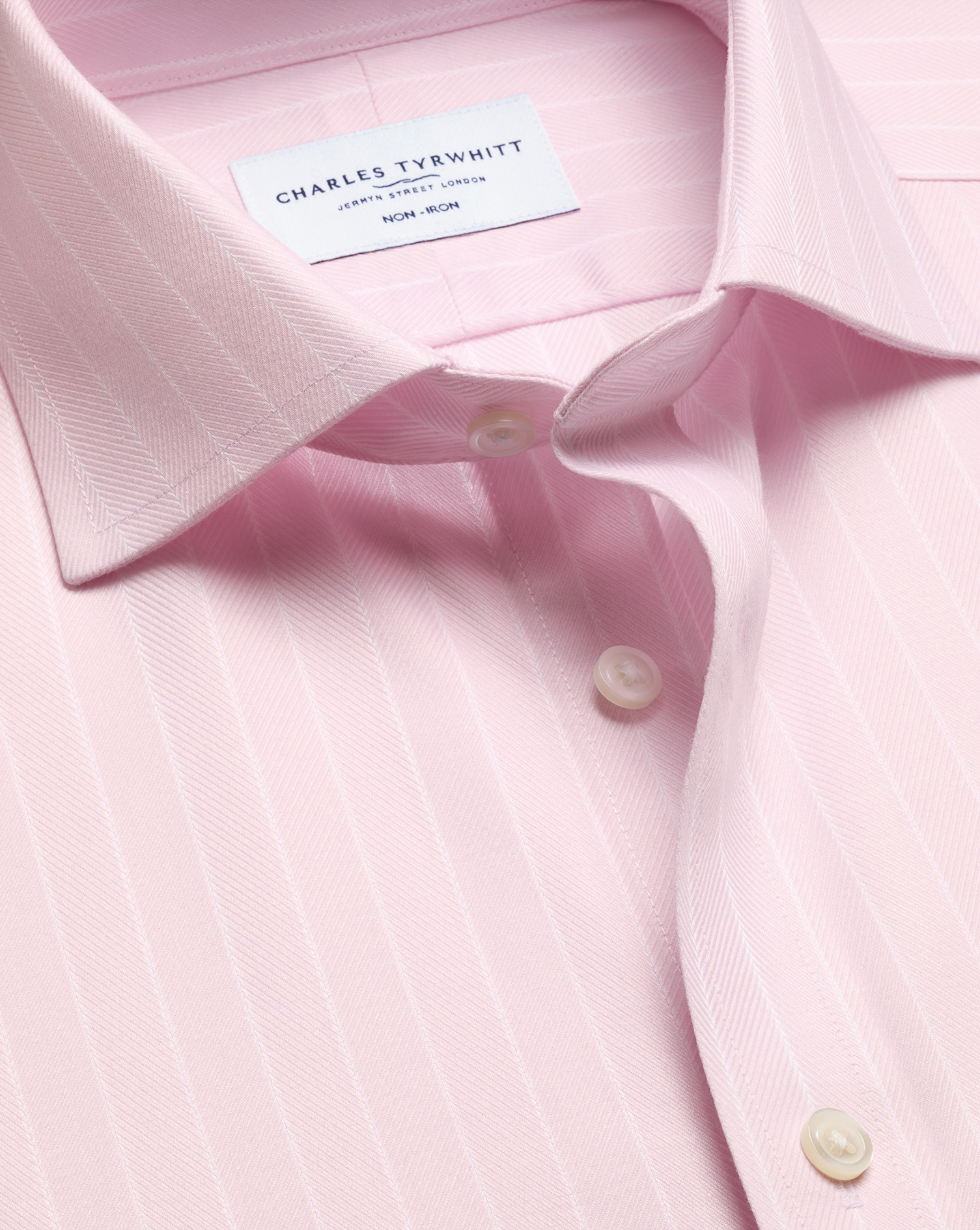 Men's Charles Tyrwhitt Non-Iron Herringbone Stripe Shirt â Light Pink Single Cuff Size 15/33 Cotton