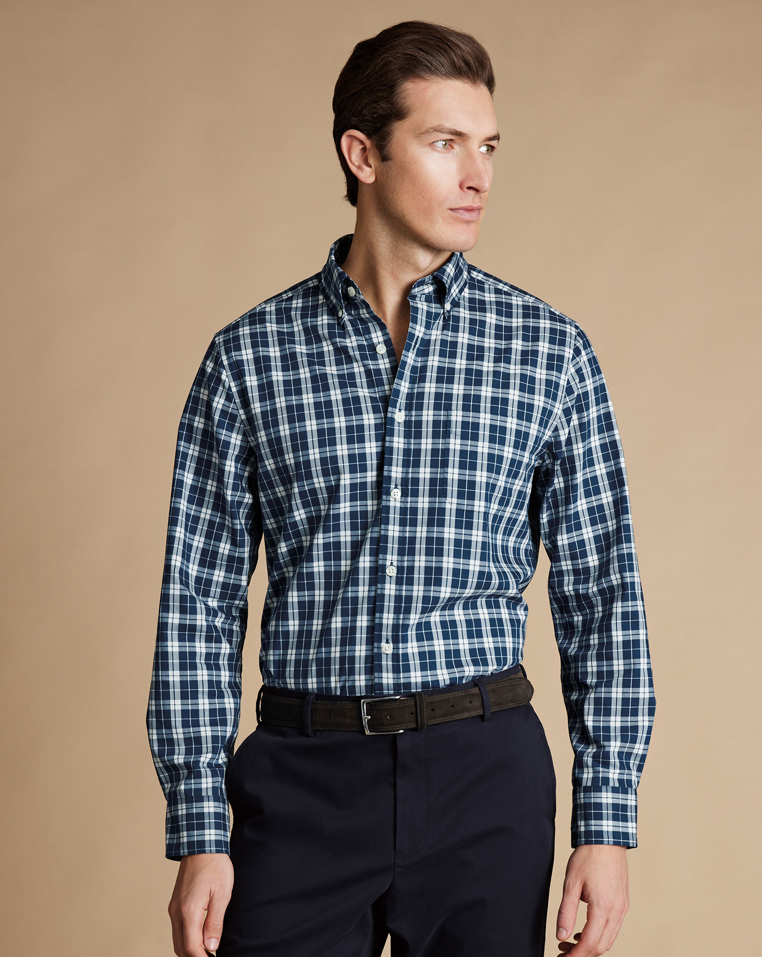 Men's Charles Tyrwhitt Button-Down Collar Non-Iron Stretch Poplin Check Casual Shirt - Blue Size XXL