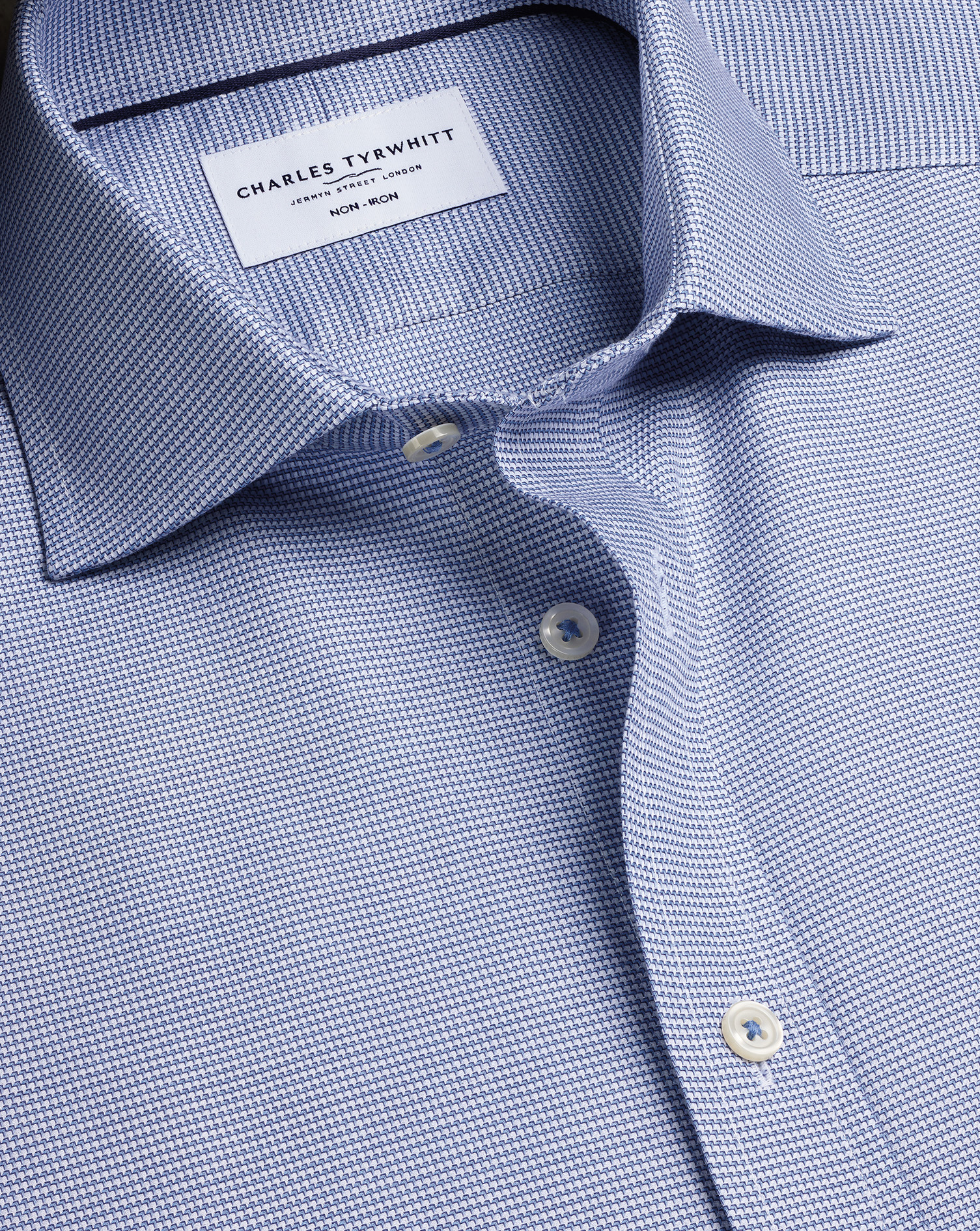 Men's Non-Iron Stretch Trafalgar Weave Cotton Shirt - Indigo Blue Single Cuff by Charles Tyrwhitt