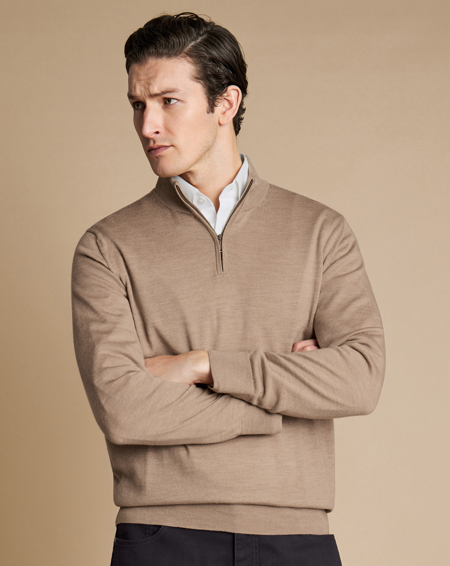 Men's Charles Tyrwhitt Zip Neck Sweater - Oatmeal Brown Size XXL Merino
