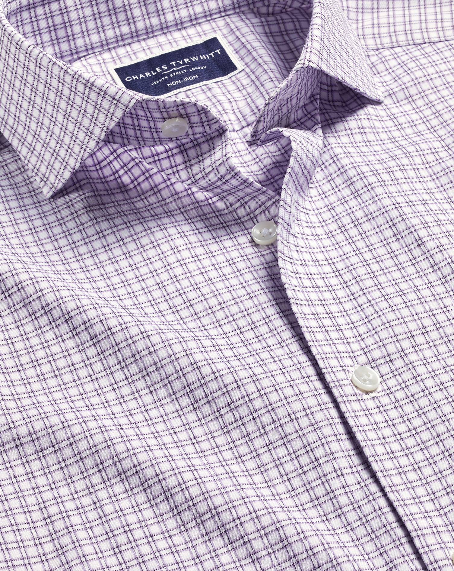 Men's Charles Tyrwhitt Non-Iron Stretch Twill Grid Check Dress Shirt - Mauve Purple Single Cuff Size