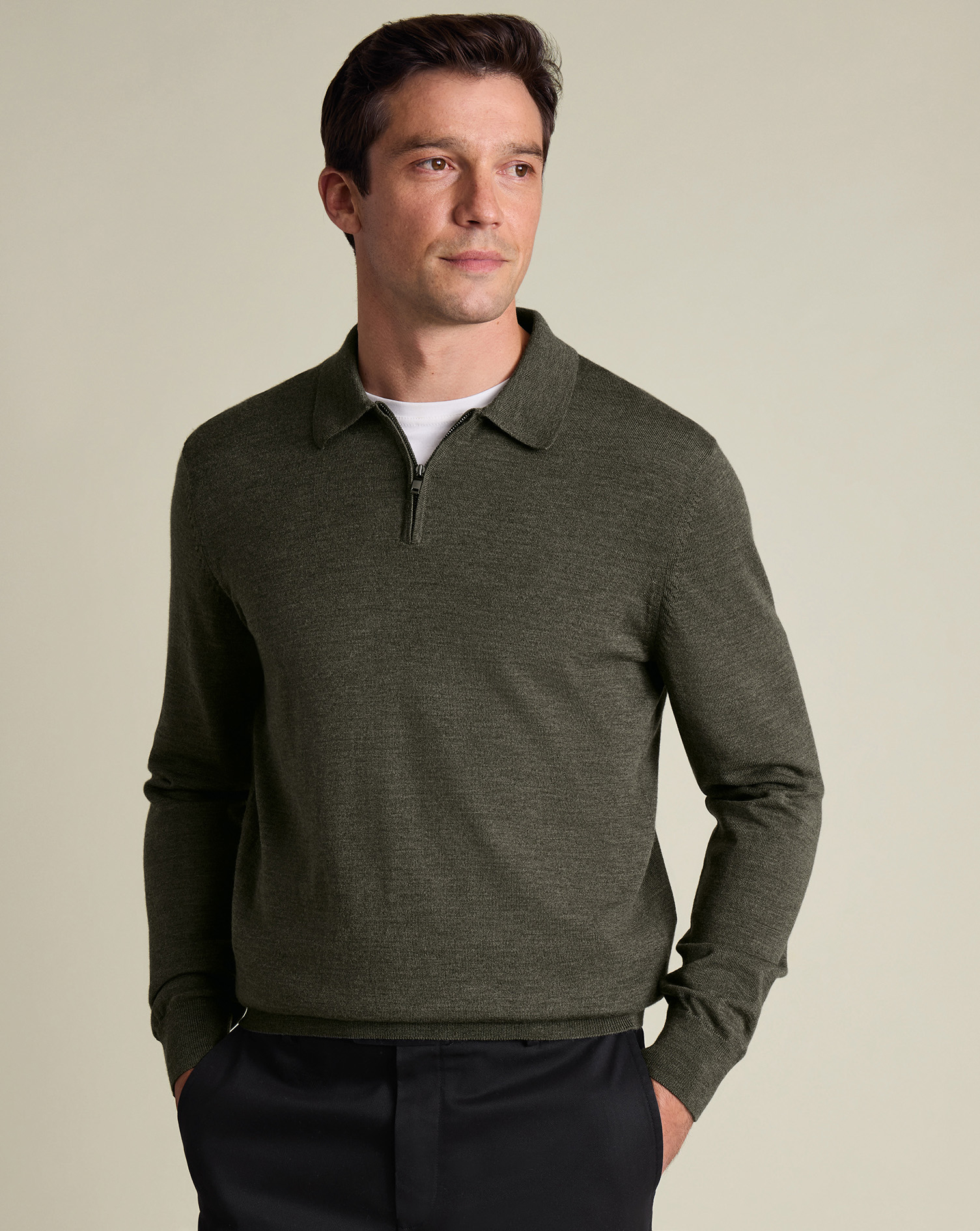 Pure Merino Wool Quarter Zip Polo - Olive Green