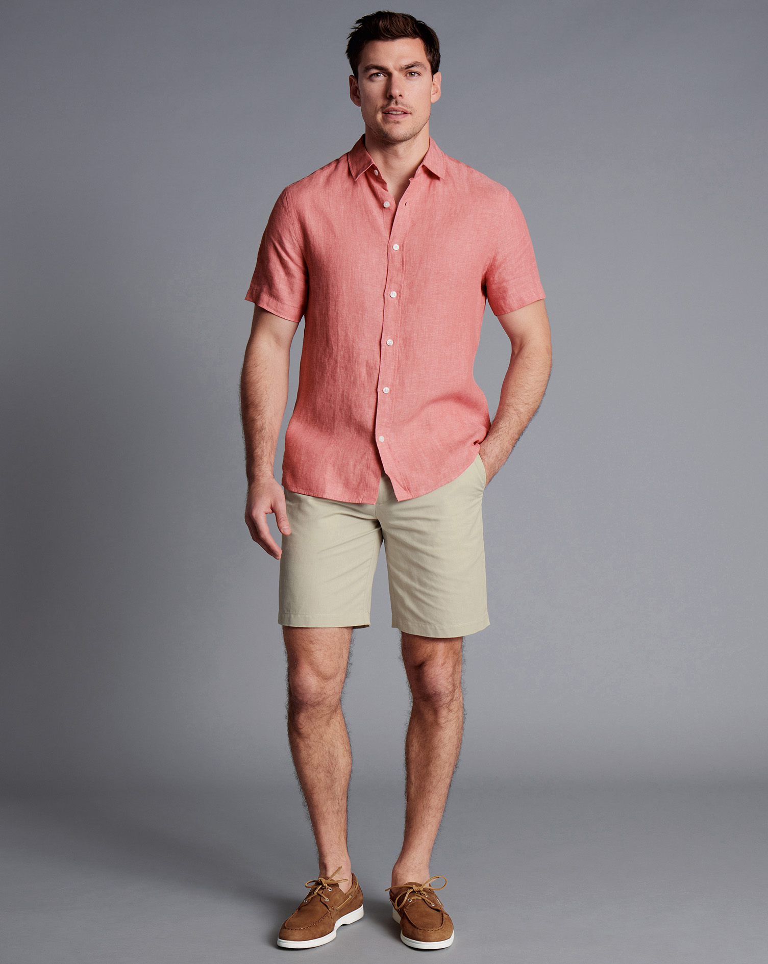 Men's Charles Tyrwhitt Cotton Shorts - Stone Neutral Size 34 Linen
