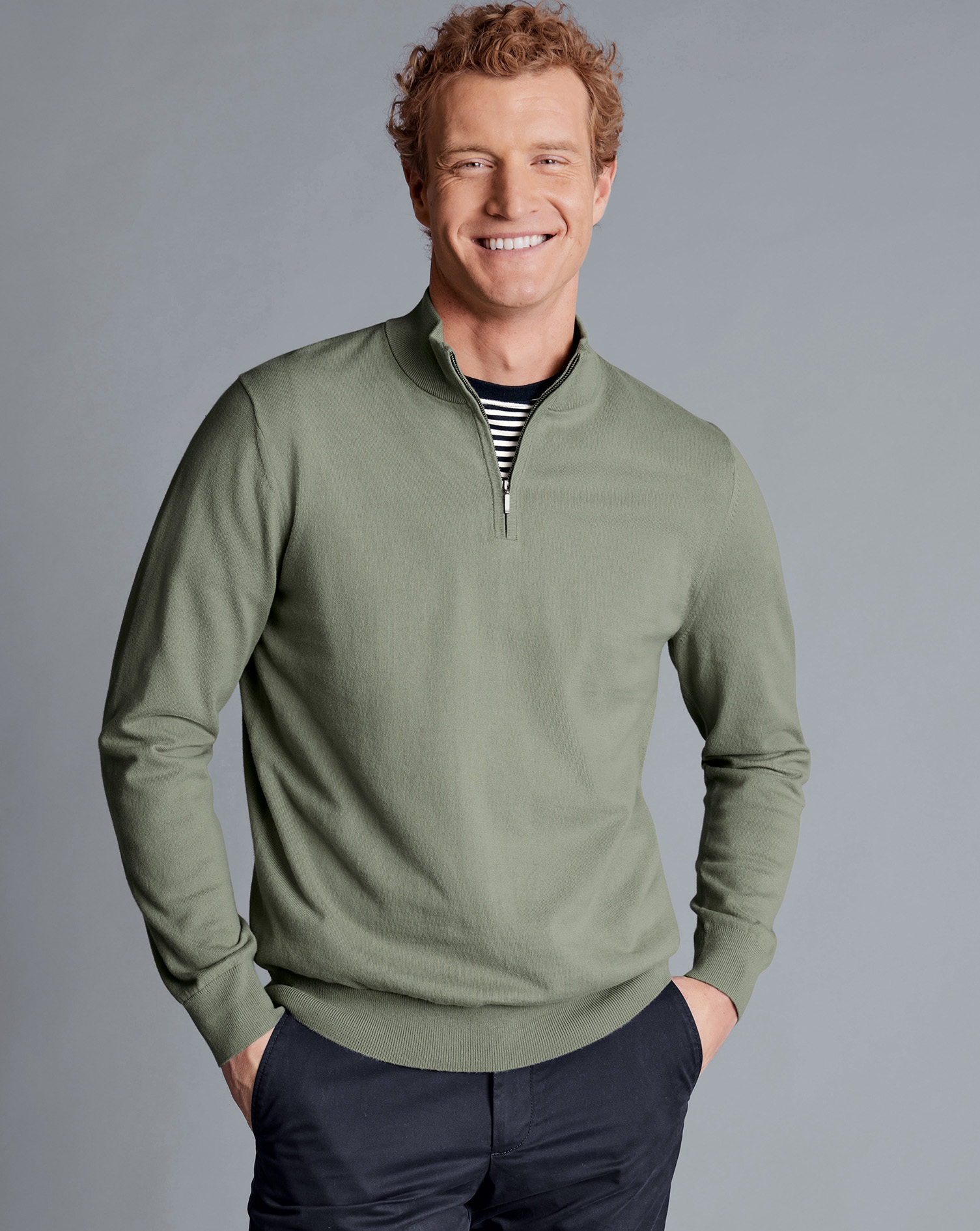 Men's Charles Tyrwhitt Combed Zip Neck Sweater - Sage Green Size XXL Cotton
