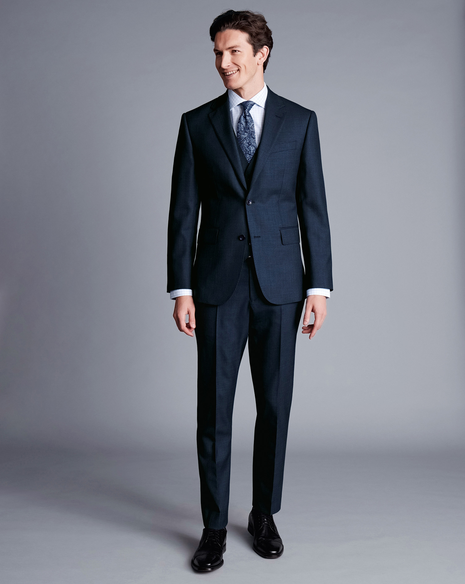 Men's Charles Tyrwhitt Micro Check Suit Waistcoat - Ink Blue Size w40 Wool

