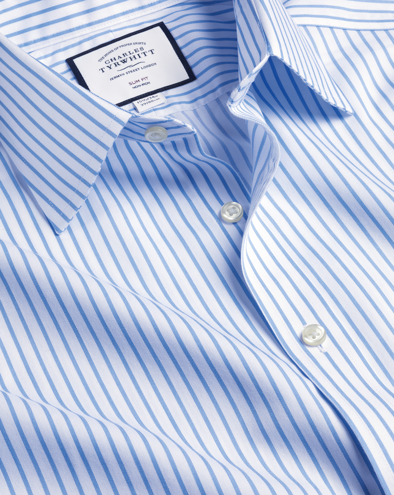 Men's Charles Tyrwhitt Non-Iron Twill Stripe Dress Shirt - Cornflower Blue Single Cuff Size XXL Cott