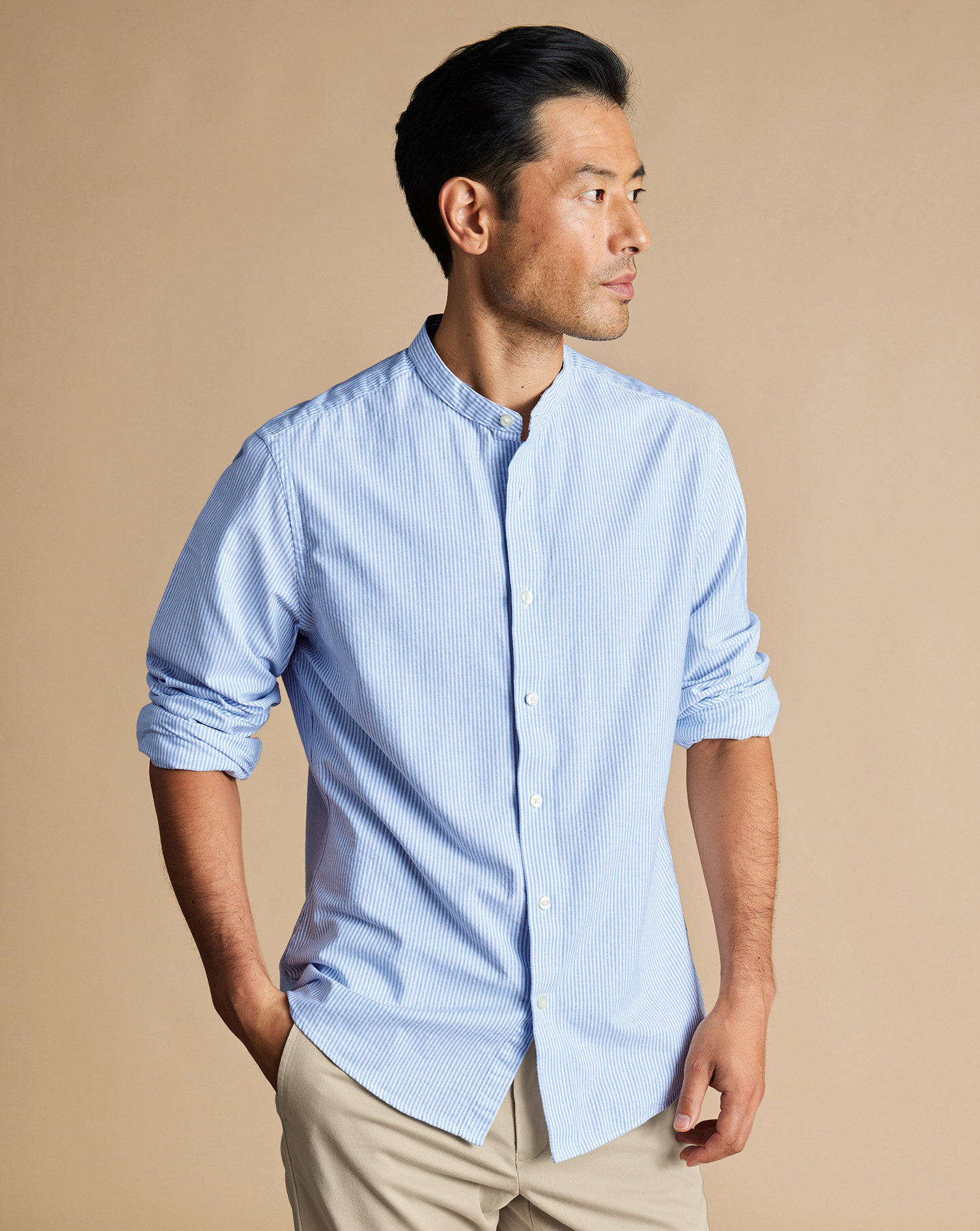 Men's Charles Tyrwhitt Collarless Stretch Washed Oxford Stripe Casual Shirt - Ocean Blue Single Cuff