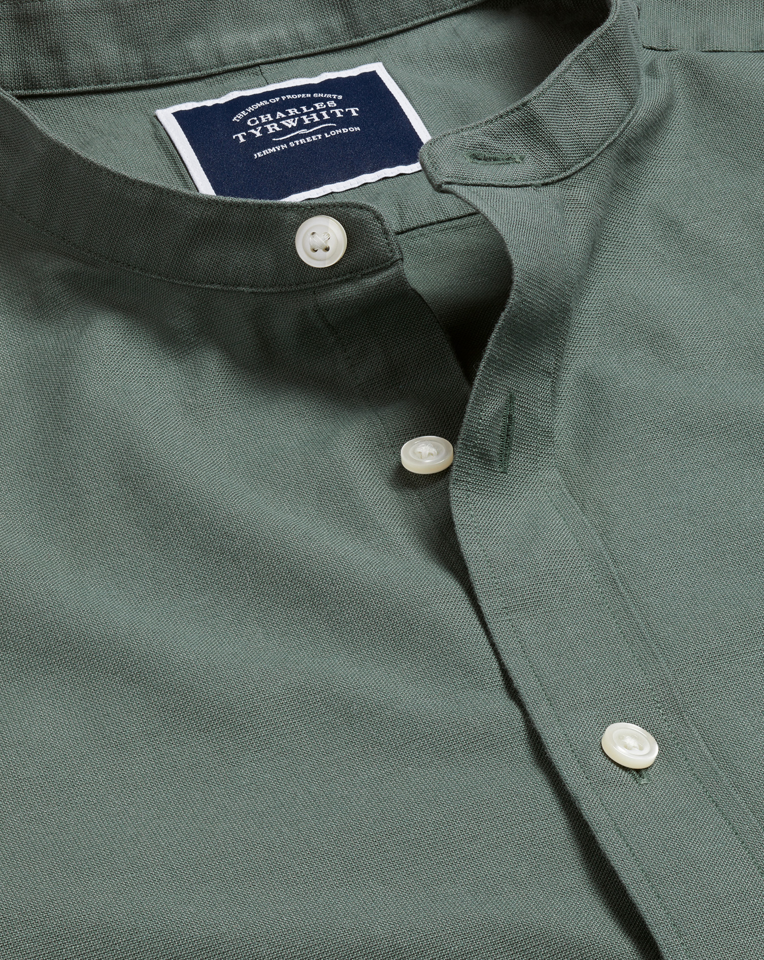 Collarless Cotton Linen Shirt - Olive 