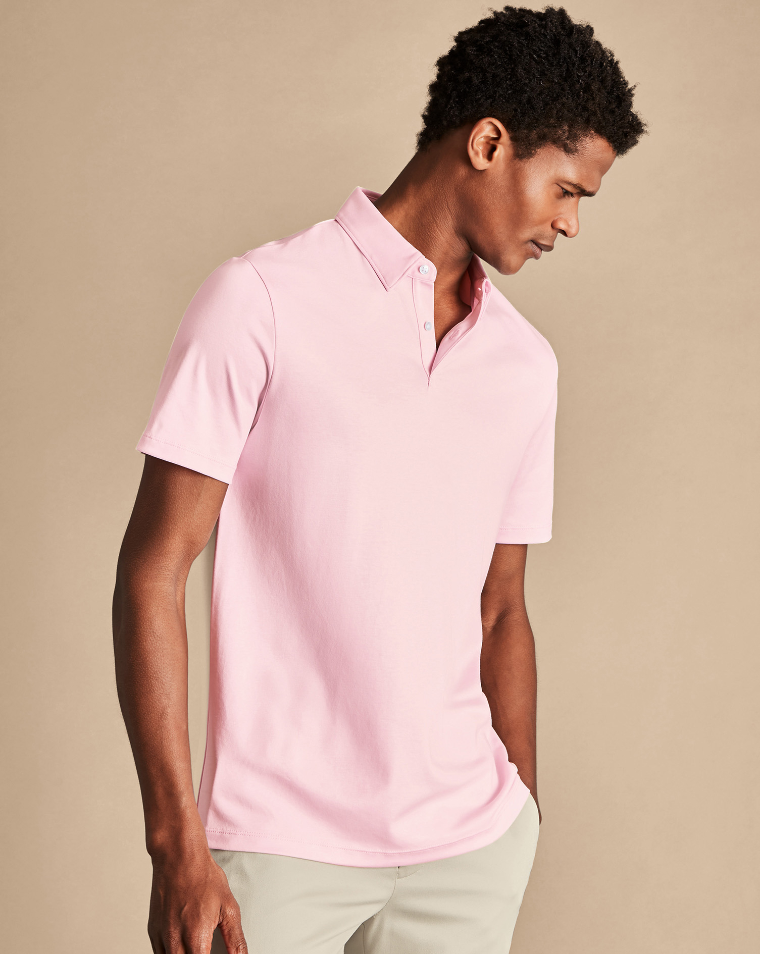 Men's Charles Tyrwhitt Smart Jersey Polo Shirt - Light Pink Size Medium Cotton
