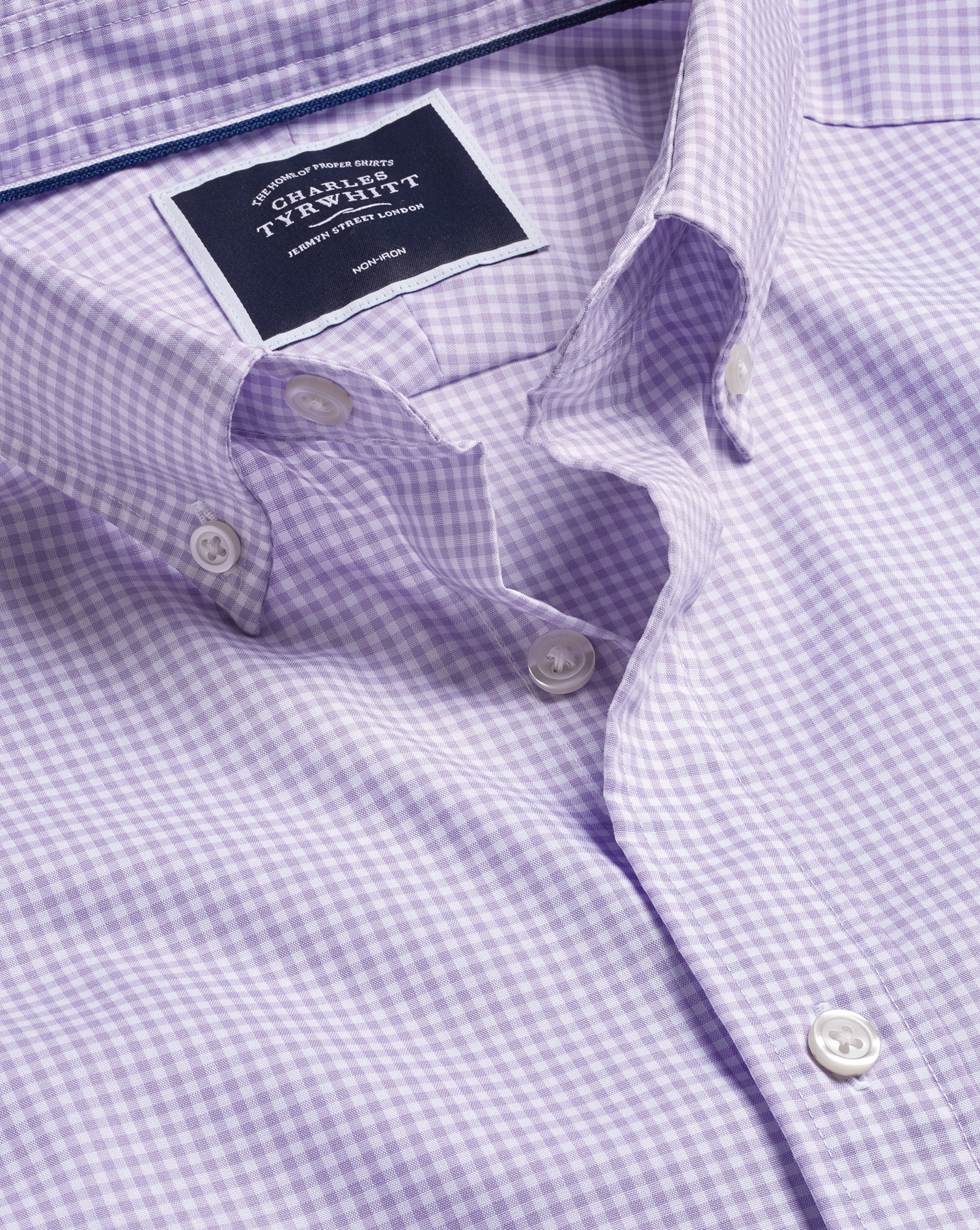 Button-Down Collar Non-Iron Stretch Mini Gingham Check Cotton Casual Shirt - Lilac Purple Single Cuf
