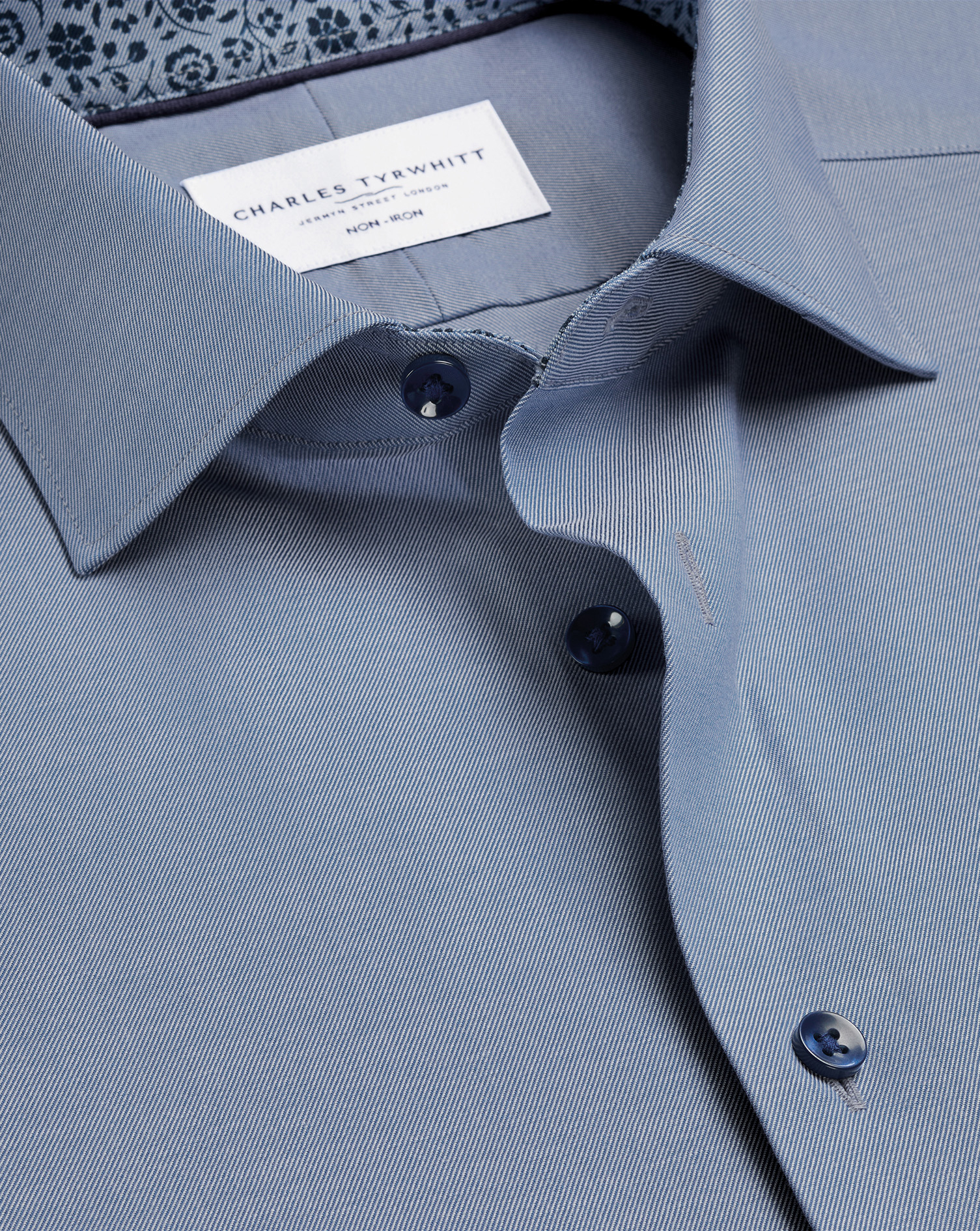 Men's Charles Tyrwhitt Non-Iron Stretch Printed Trim Shirt - Steel Blue Single Cuff Size 16/34 Cotton