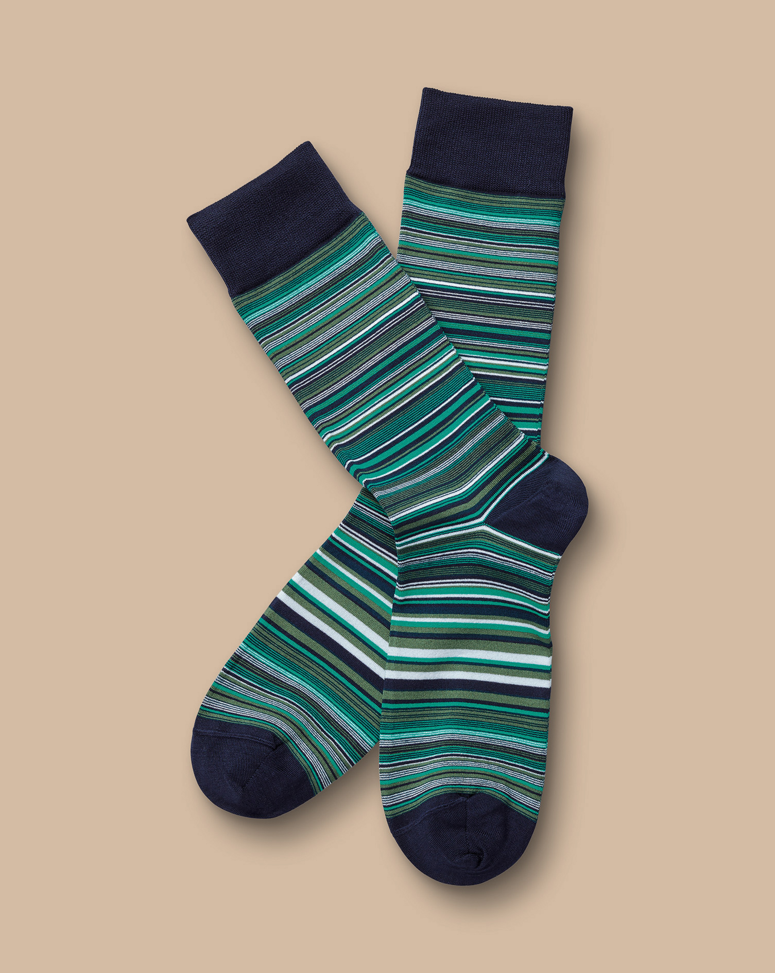 Men's Charles Tyrwhitt Multi Stripe Socks - Teal Green Size 10.5-13 Cotton

