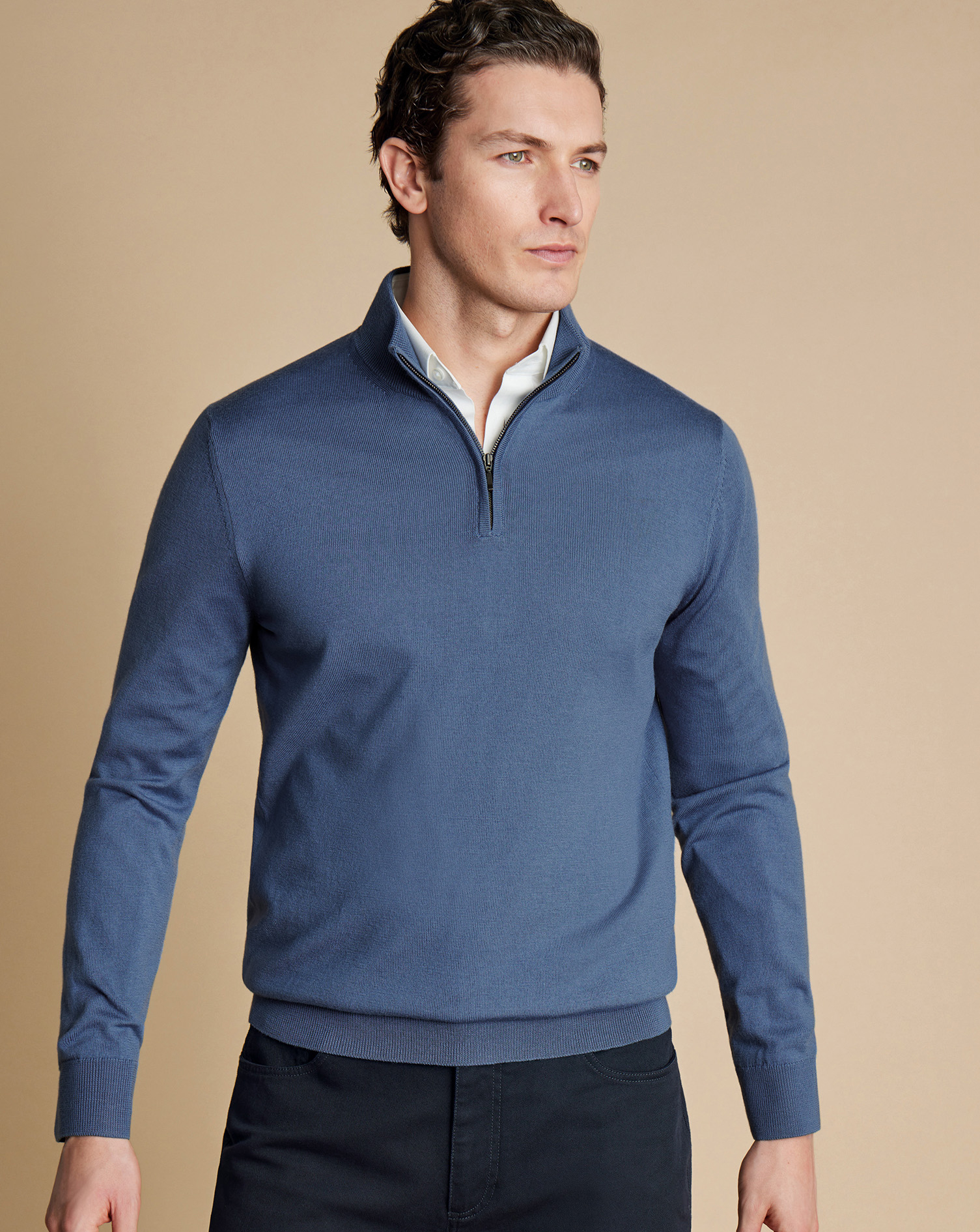 Men's Charles Tyrwhitt Merino Zip Neck Sweater - Steel Blue Size Large Wool
