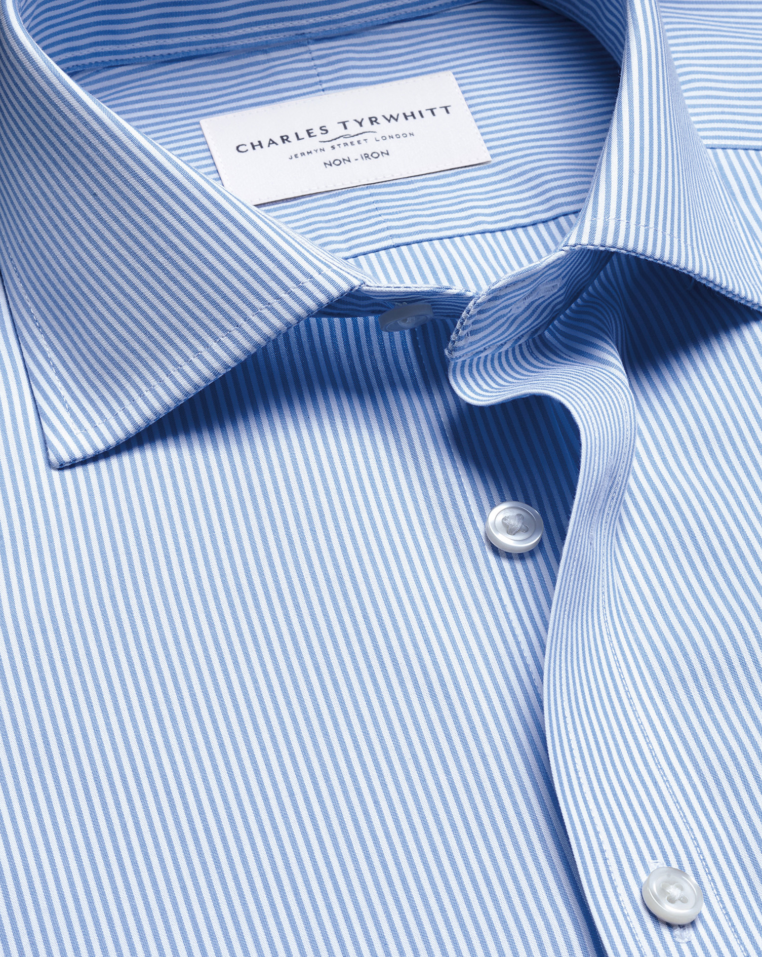 Men's Charles Tyrwhitt Non-Iron Stretch Poplin Bengal Stripe Shirt â Cornflower Blue Single Cuff Size 17/34 Cotton
