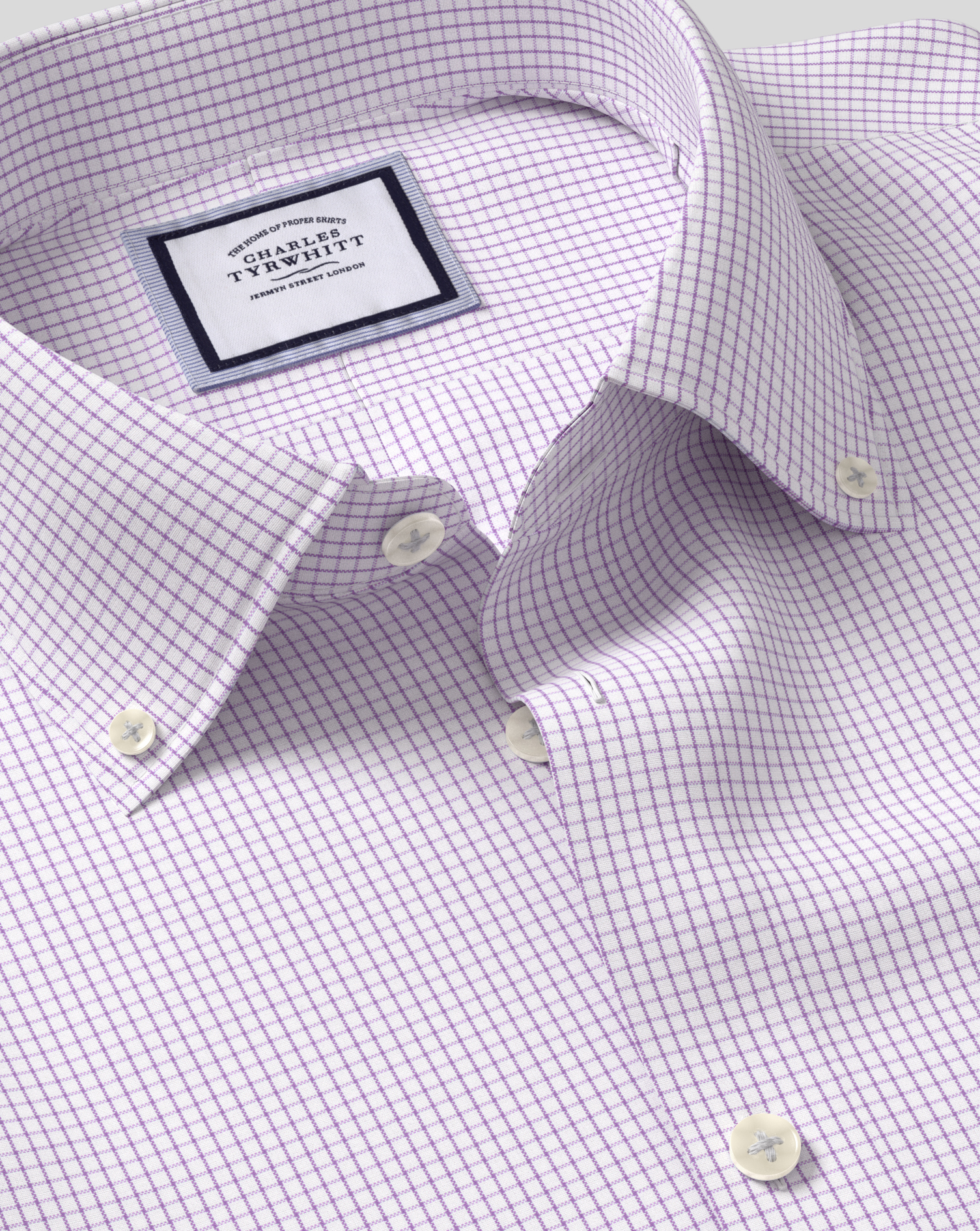 Men's Charles Tyrwhitt Button-Down Collar Non-Iron Check Dress Shirt - Purple Single Cuff Size Mediu