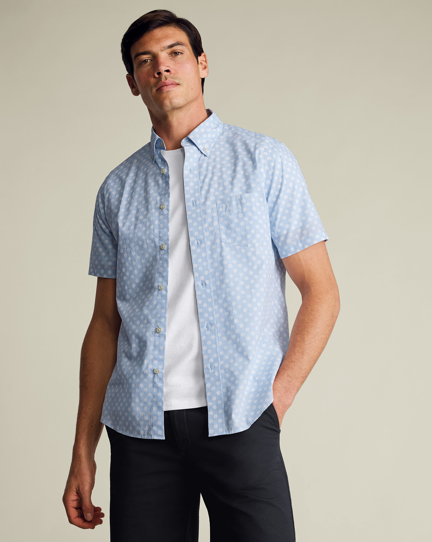 Short Sleeve Stretch Washed Poplin Floral Shirt - Light Blue