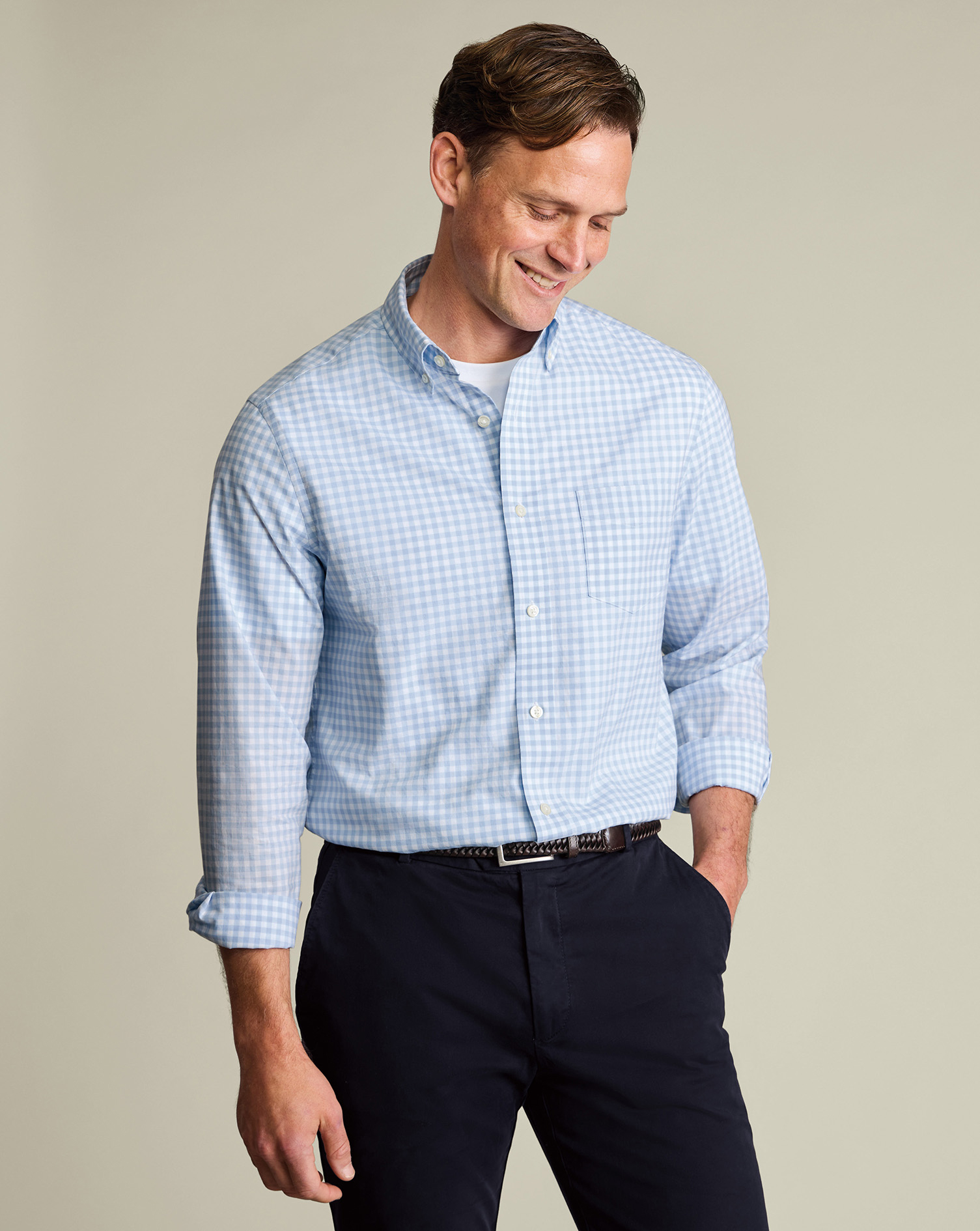 Men's Button-Down Stretch Washed Poplin Gingham Cotton Shirt â Light Blue, Medium by Charles Tyrwhitt