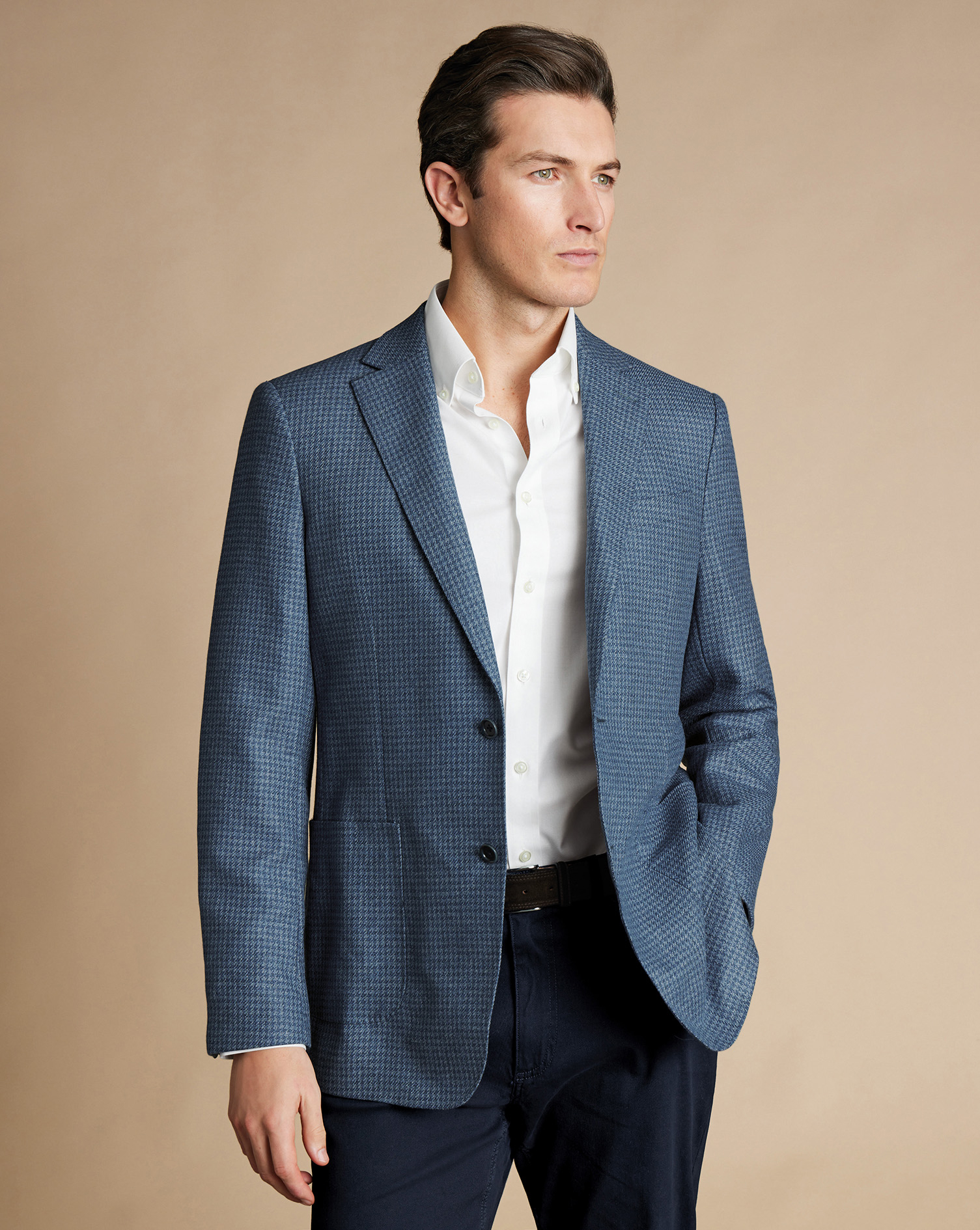 Men's Charles Tyrwhitt Puppytooth Silk na Jacket - Steel Blue Size 36R Wool
