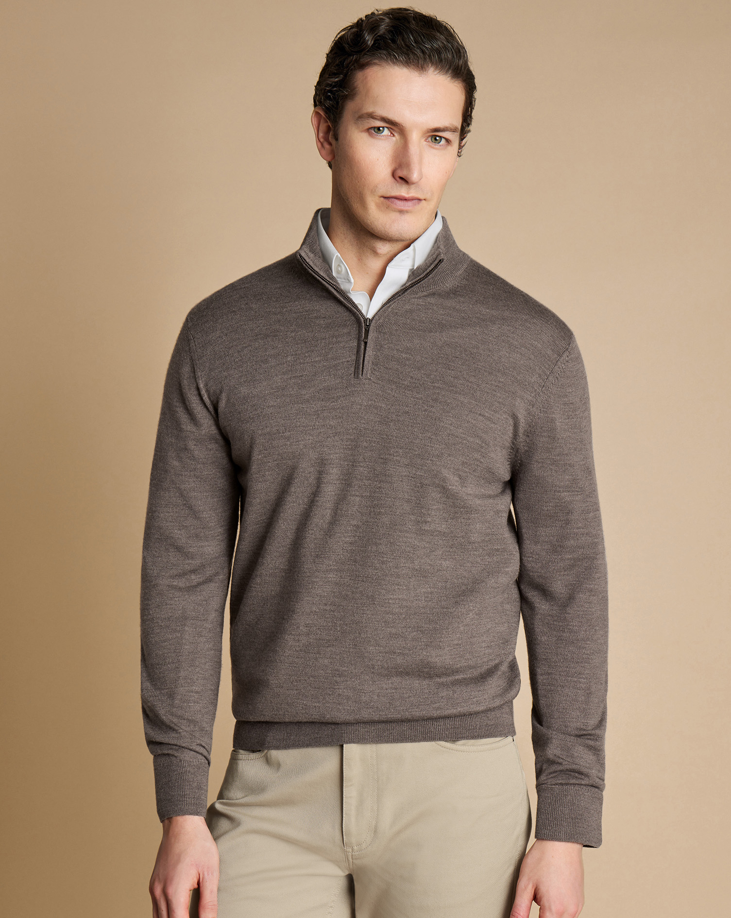 Men's Charles Tyrwhitt Zip Neck Sweater - Mocha Brown Size Large Merino
