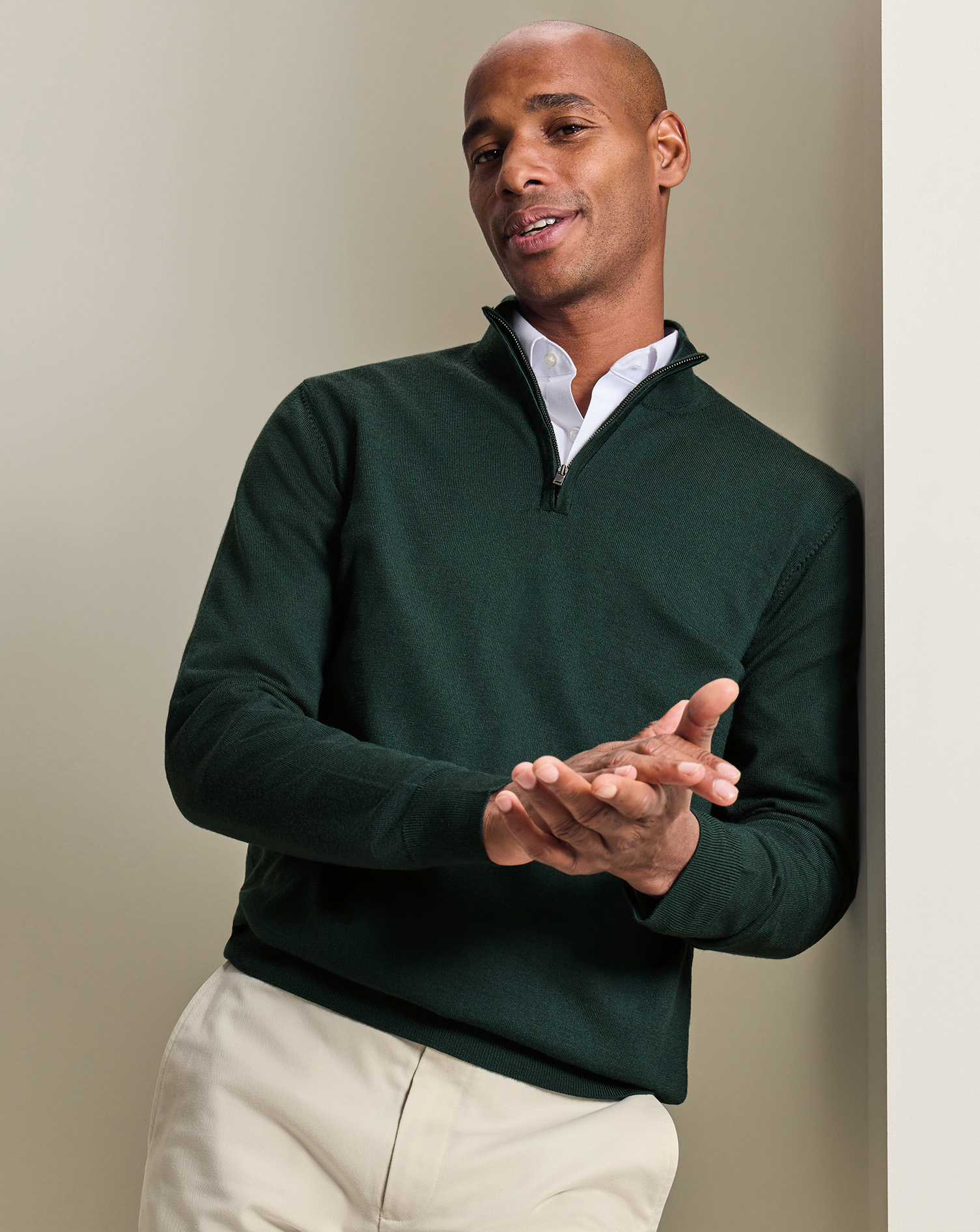 Pure Merino Quarter Zip Sweater - Forest Green | Charles Tyrwhitt US