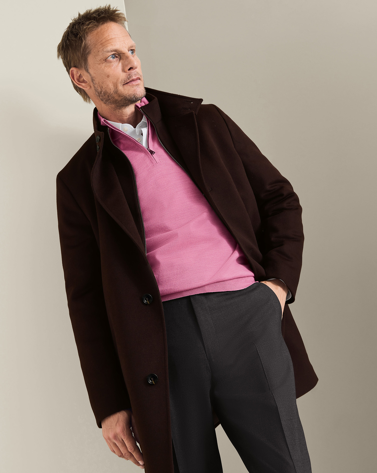 Fine Merino Wool Funnel Neck Overcoat - Chocolate | Charles