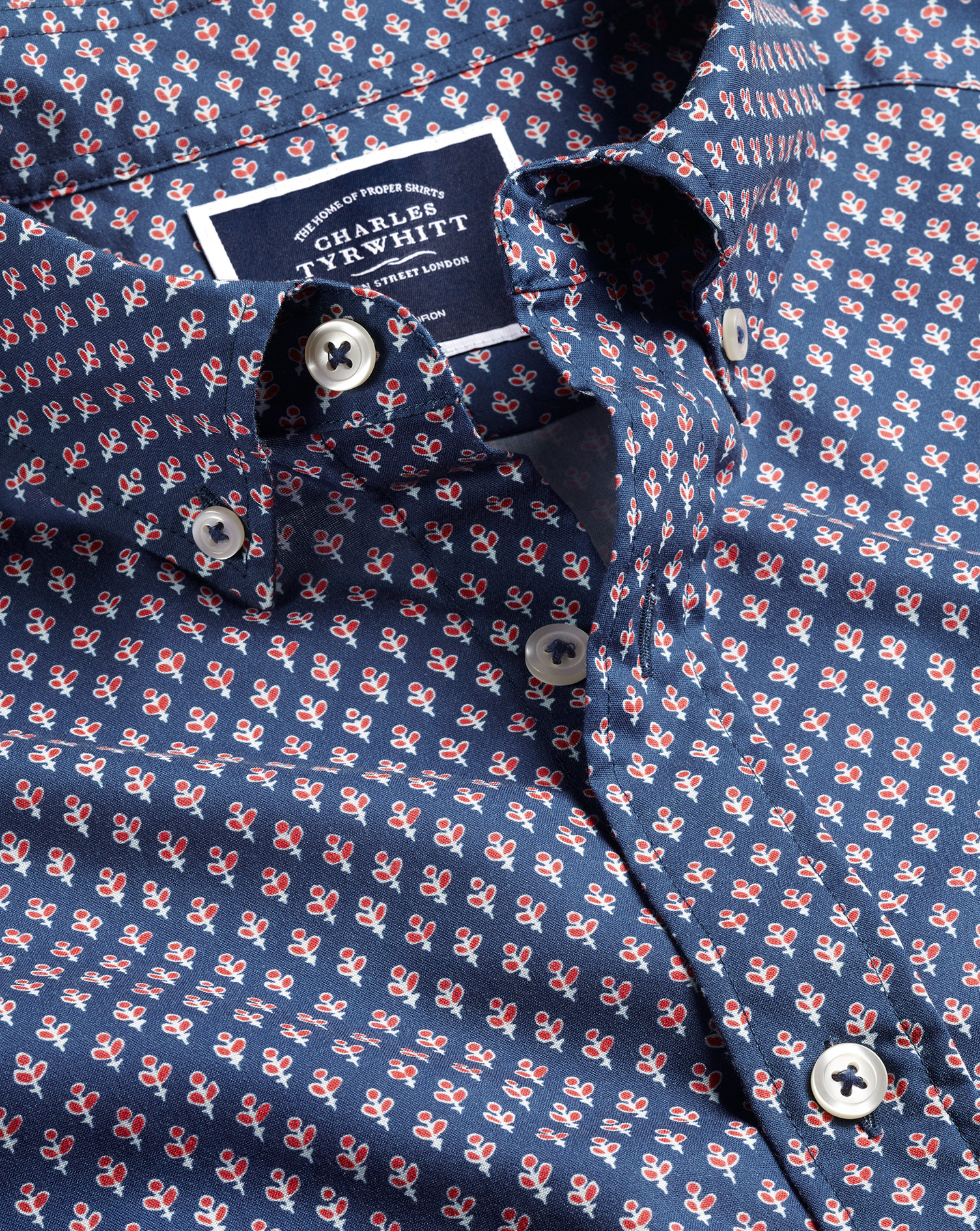 Men's Charles Tyrwhitt Button-Down Collar Non-Iron Stretch Poplin Leaf Print Casual Shirt - Royal Bl