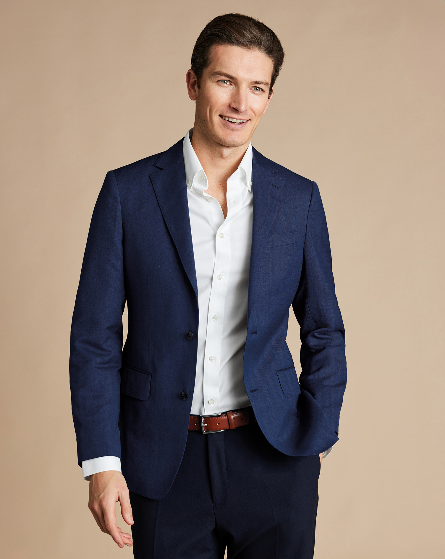 Men's Charles Tyrwhitt Herringbone Linen Silk na Jacket - Ink Blue Size 38S Wool
