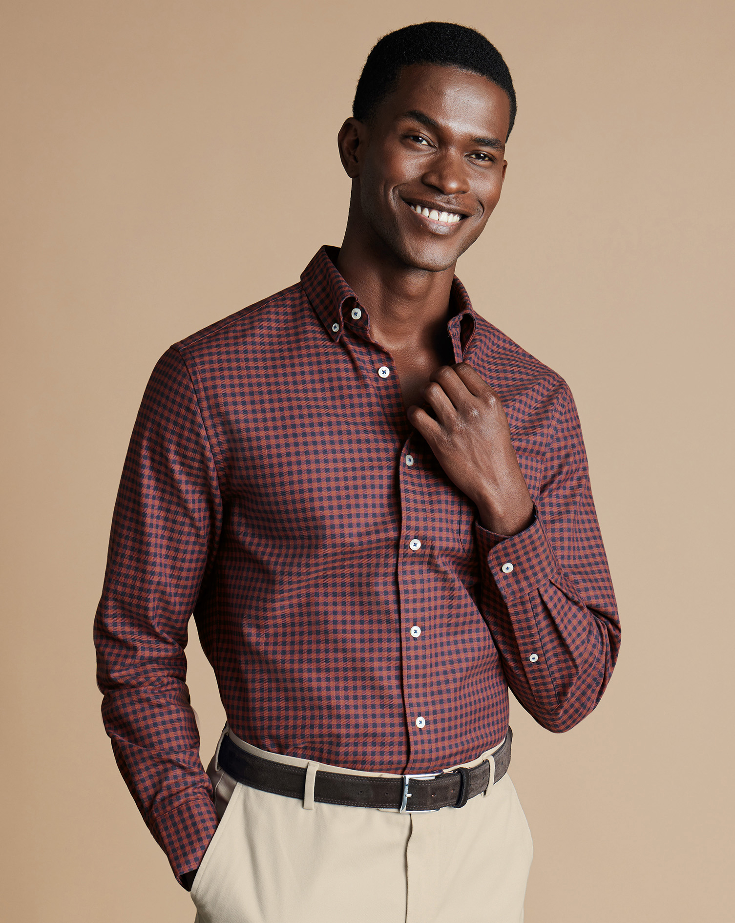 Men's Charles Tyrwhitt Button-Down Collar Non-Iron Twill Gingham Casual Shirt - Salmon Pink Size Lar