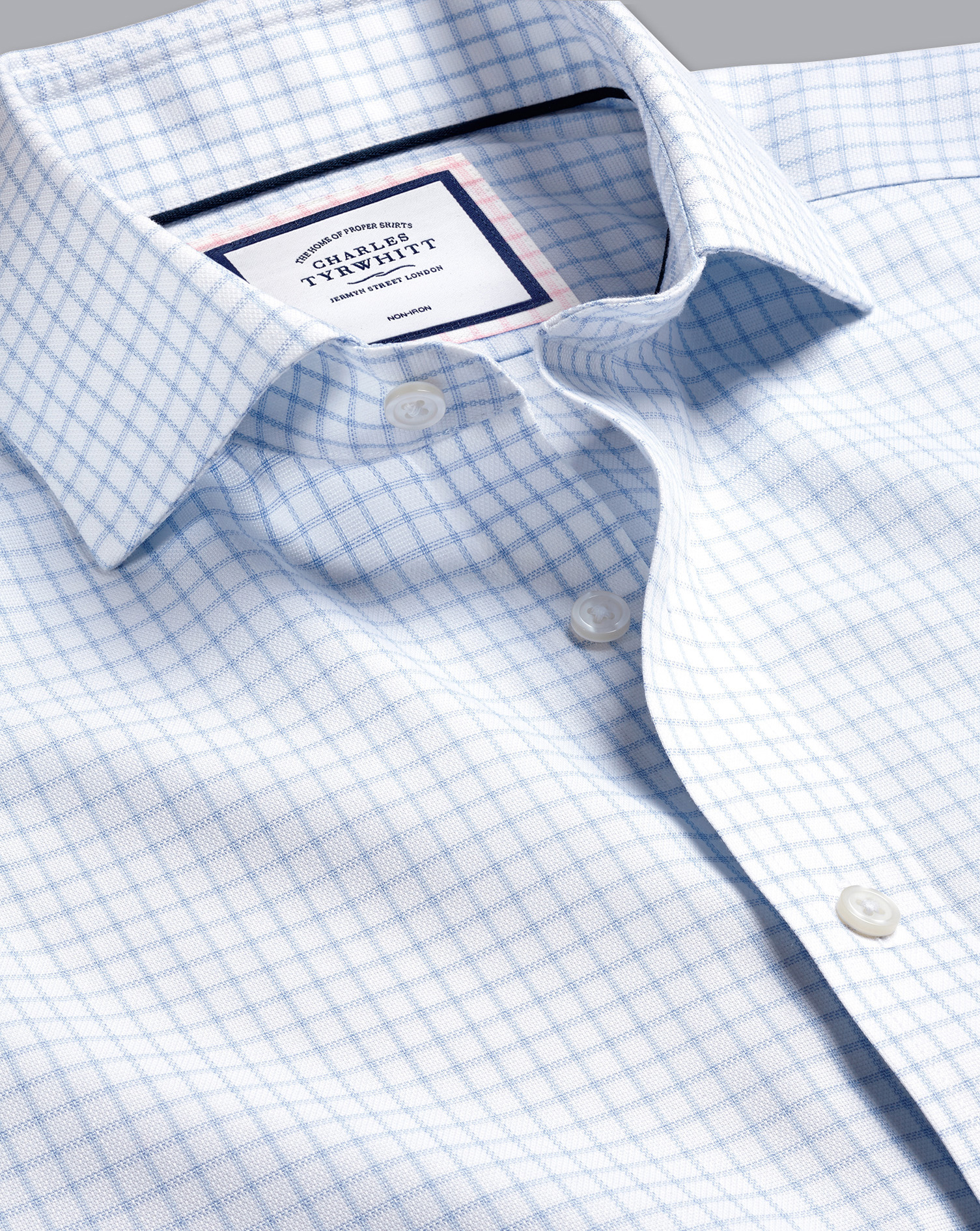 Men's Charles Tyrwhitt Cutaway Collar Non-Iron Regent Weave Check Dress Shirt - Sky Single Cuff Blue