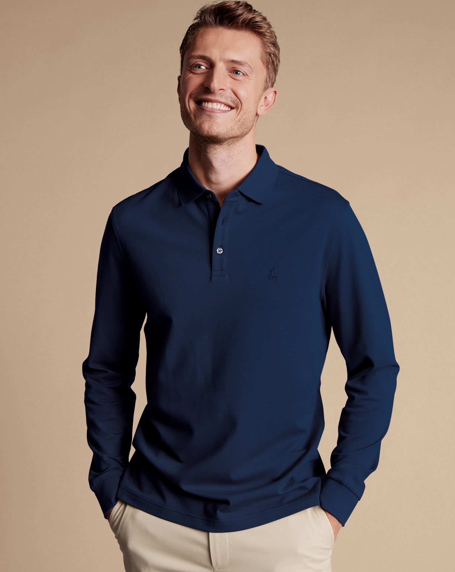 Men's Charles Tyrwhitt Long Sleeve Pique Polo Shirt - Navy Blue Size Large Cotton
