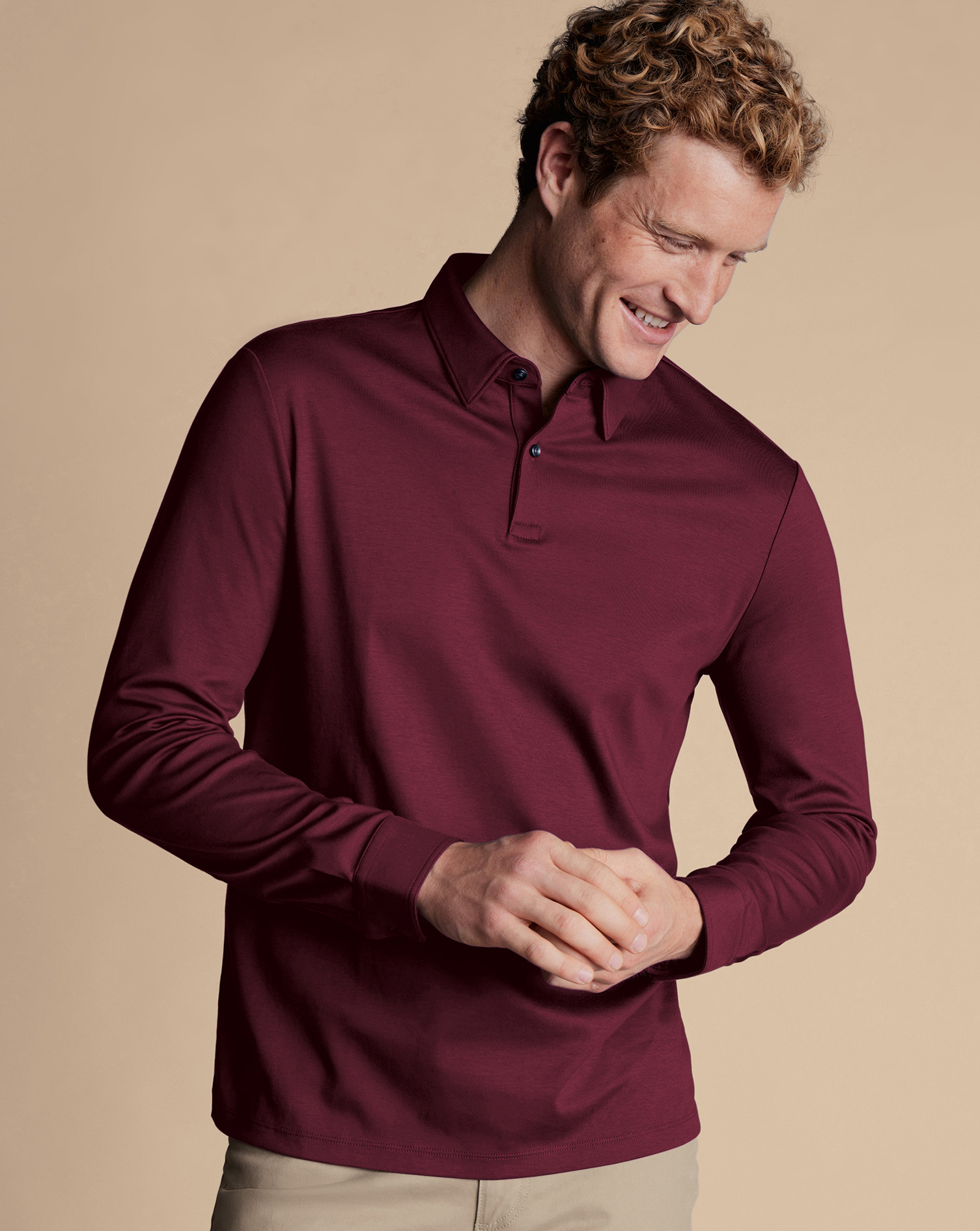 Men's Charles Tyrwhitt Smart Long Sleeve Jersey Polo Shirt - Wine Red Size XXL Cotton
