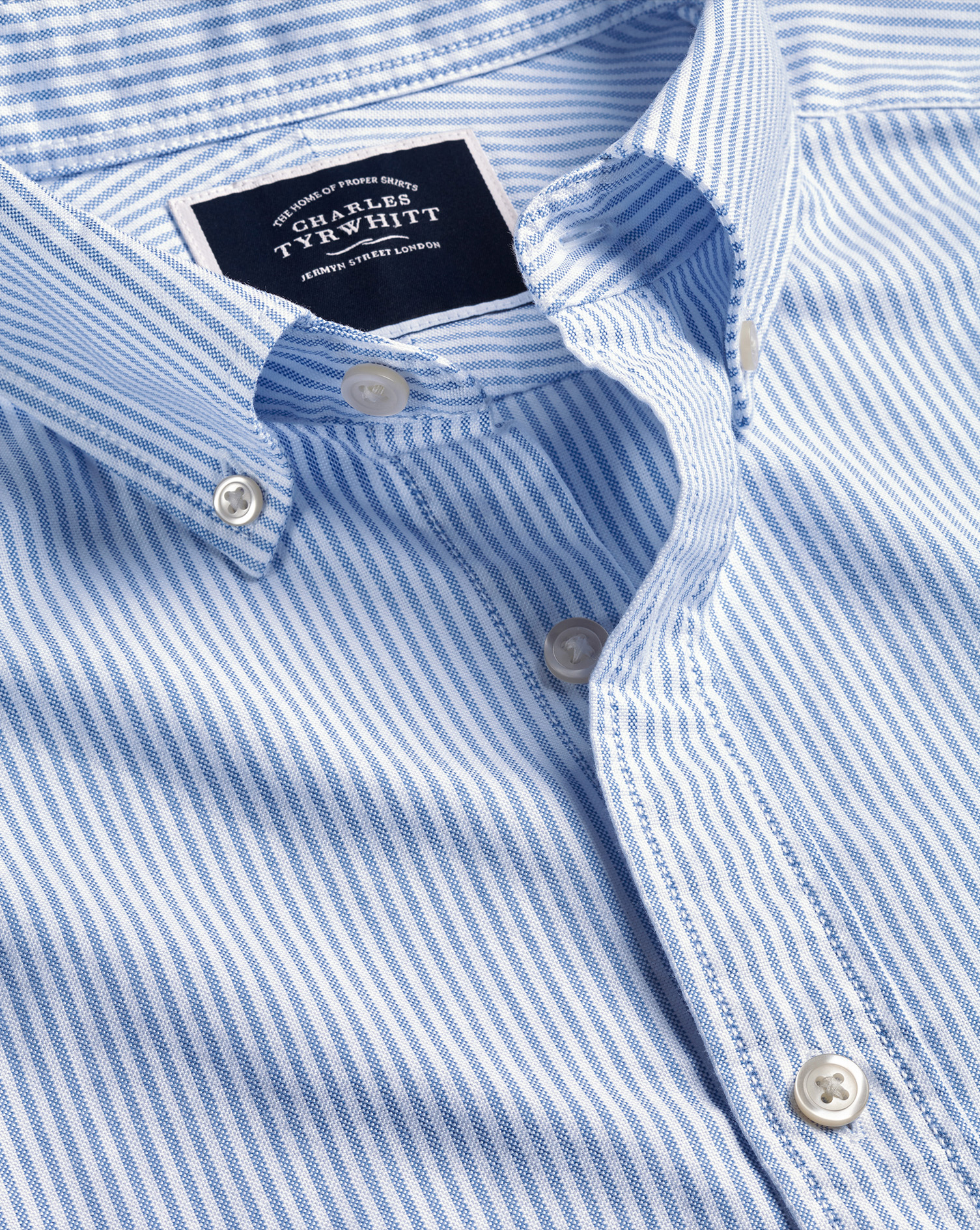 Men's Charles Tyrwhitt Button-Down Collar Washed Oxford Stripe Short Sleeve Casual Shirt - Ocean Blu