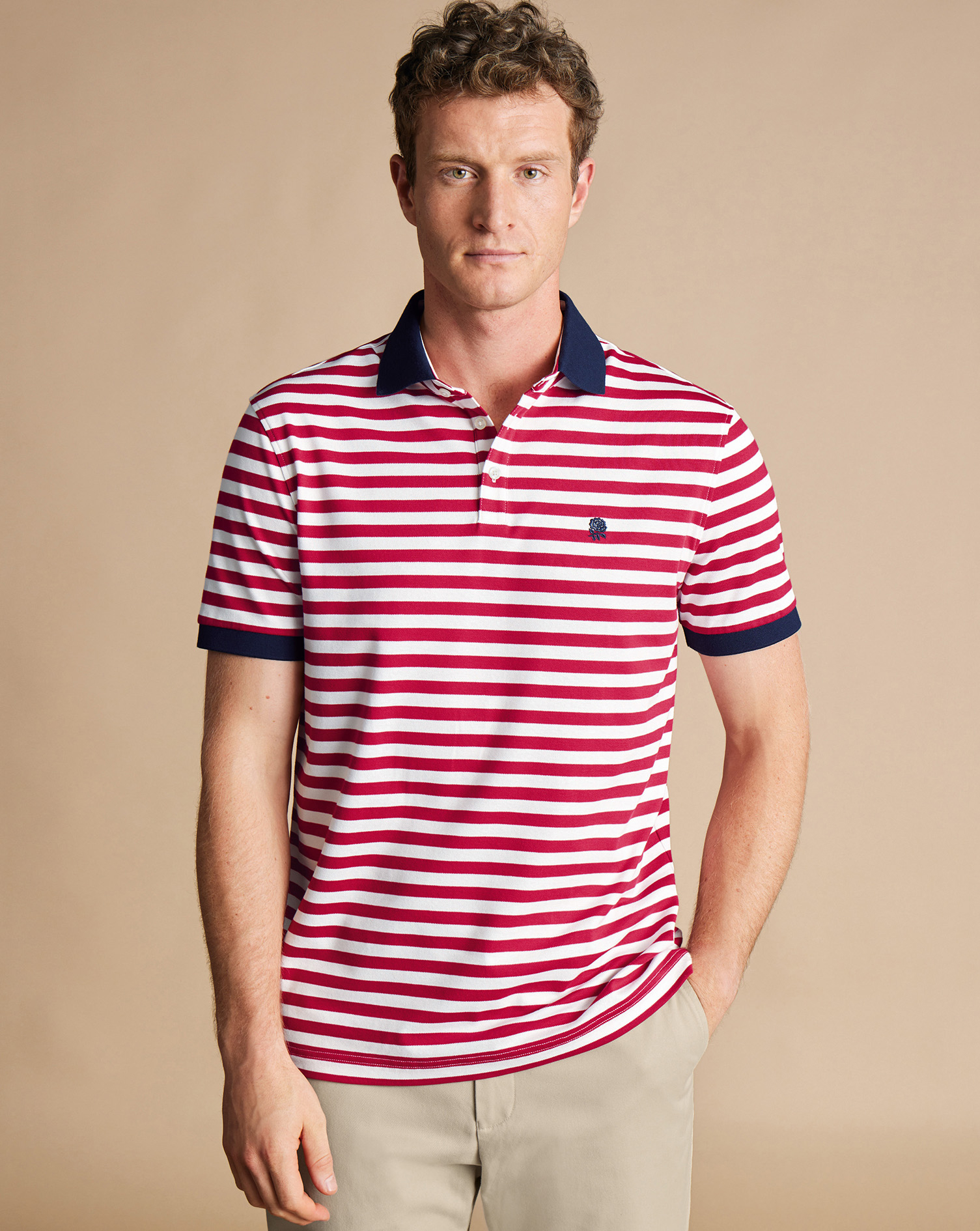 Men's Charles Tyrwhitt England Rugby Stripe Pique Polo Shirt - Red & White Size Medium Cotton
