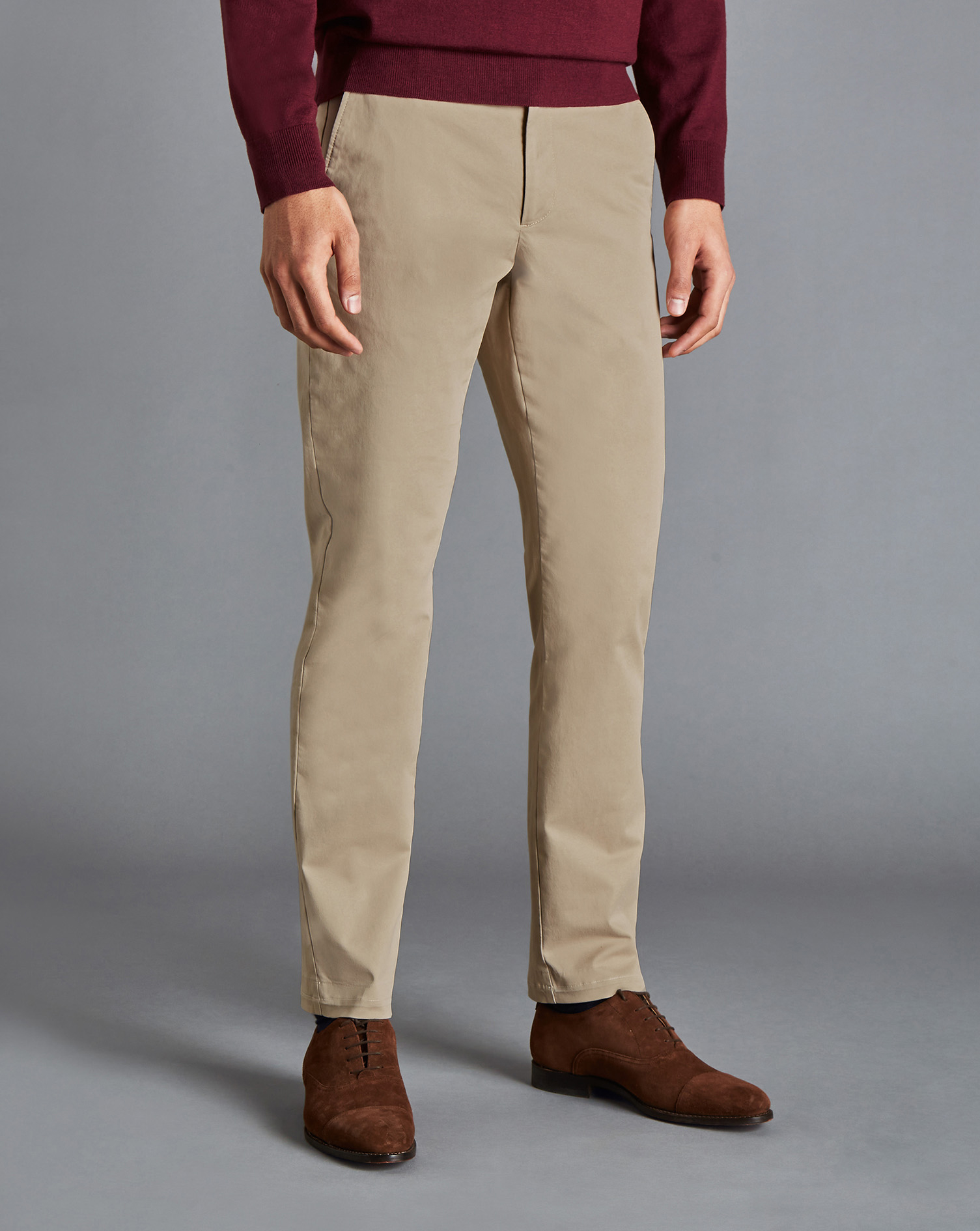 Men's Charles Tyrwhitt Lightweight Trousers - Oatmeal Neutral Size W34 L34 Cotton
