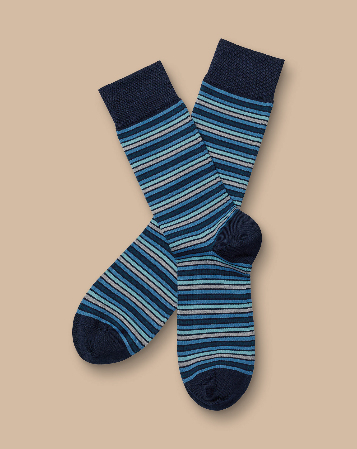 Men's Charles Tyrwhitt Multi Stripe Socks - Mid Blue Size 10.5-13 Cotton

