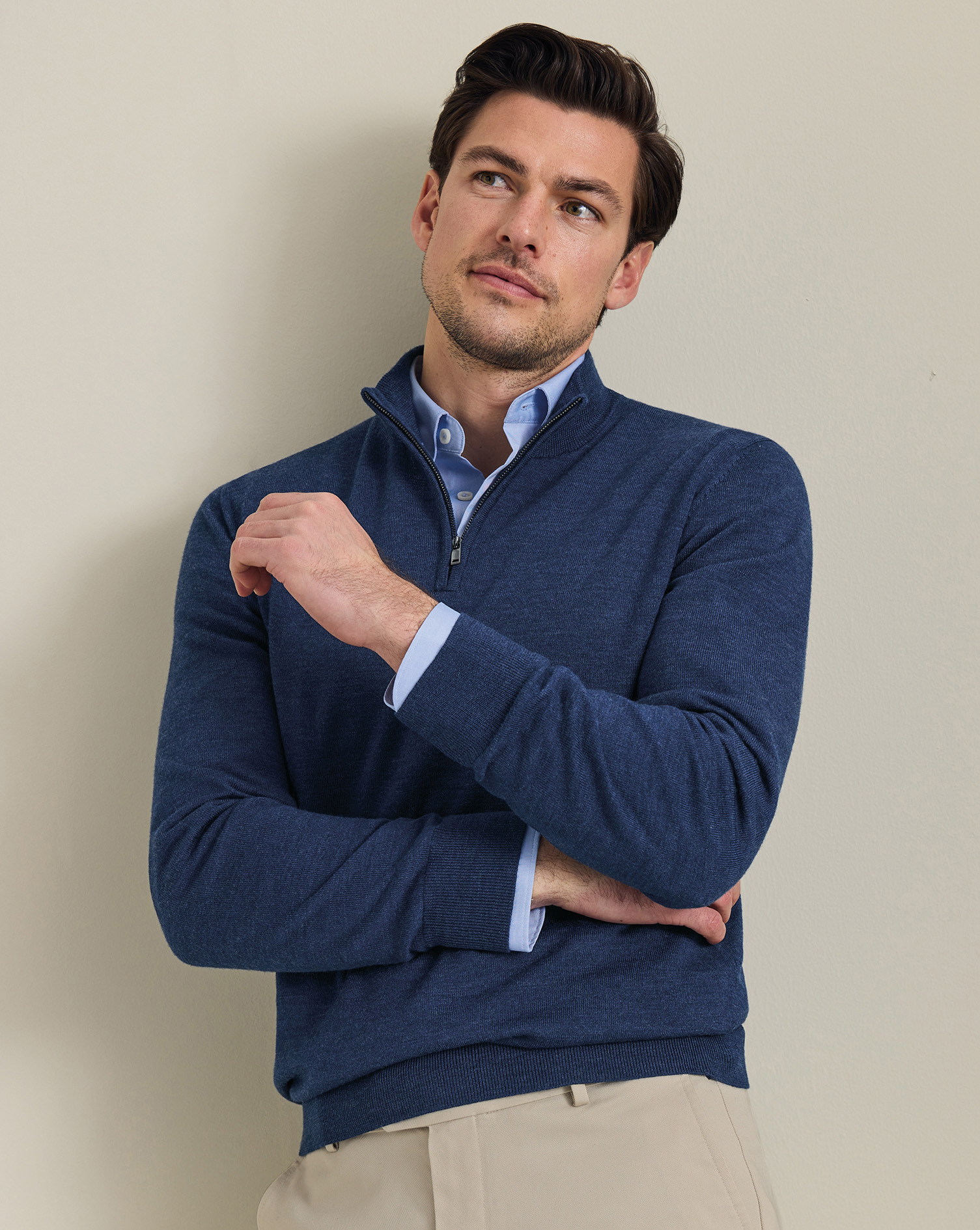 Men's Pure Merino Zip Neck Wool Jumper - Ink Blue, XXXL by Charles Tyrwhitt