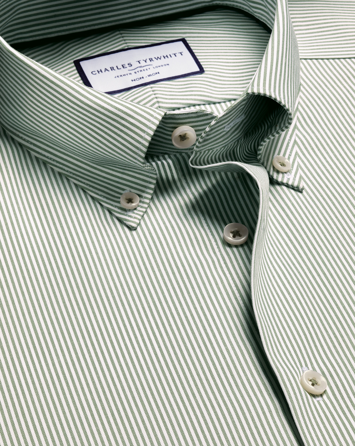 Non-Iron Stretch Oxford Stripe Shirt - Olive | Charles Tyrwhitt US