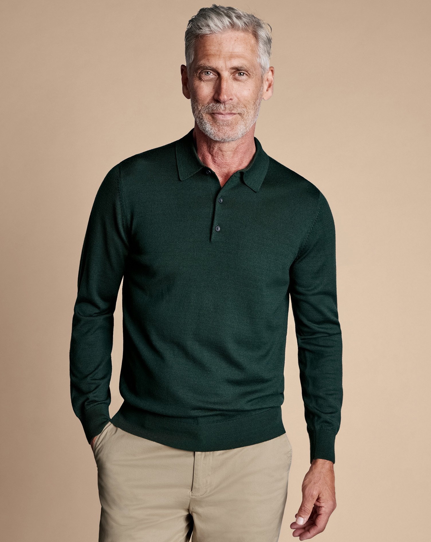 Men's Charles Tyrwhitt Merino Polo Shirt Sweater - Forest Green Size Large Wool
