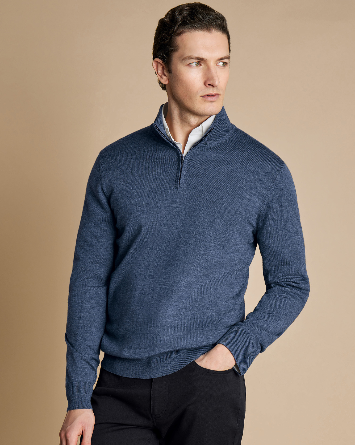 Men's Charles Tyrwhitt Zip Neck Sweater - Indigo Melange Blue Size Small Merino
