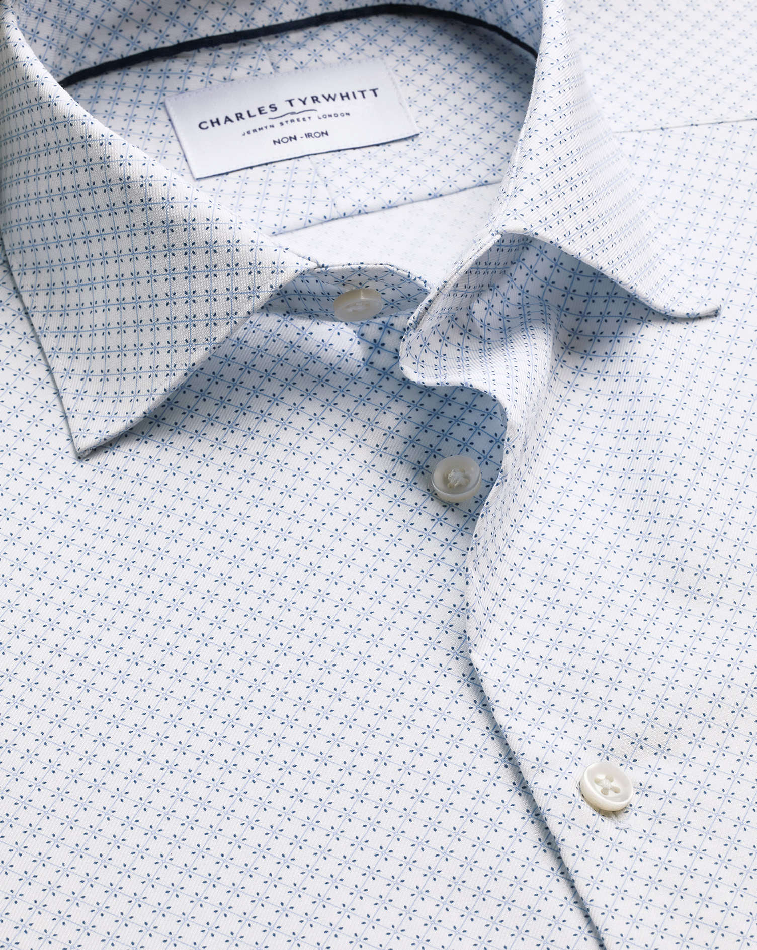 Men's Charles Tyrwhitt Non-Iron Stretch Print Shirt - White & Light Blue Single Cuff Size 18/35 Cotton